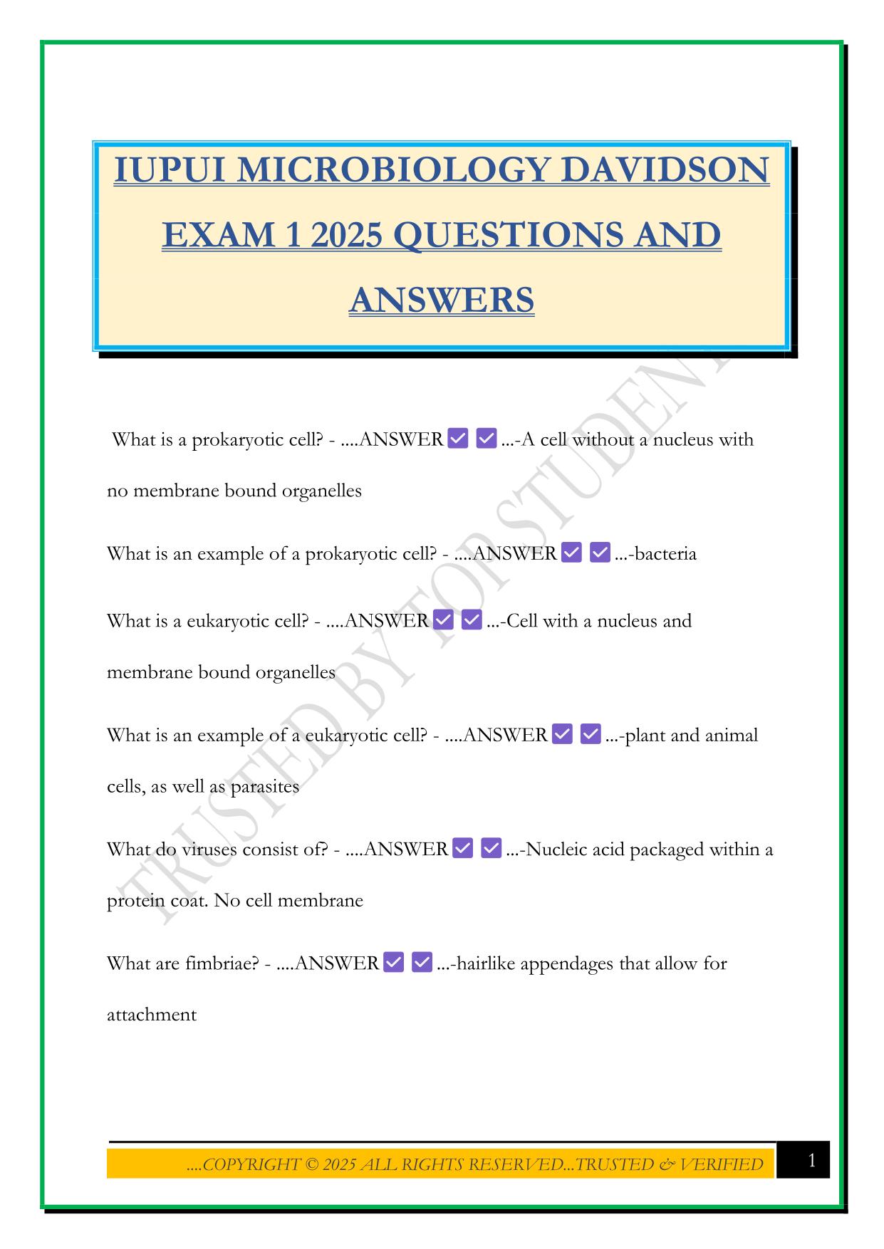 IUPUI MICROBIOLOGY DAVIDSON EXAM 1 2025 QUESTIONS AND ANSWERS