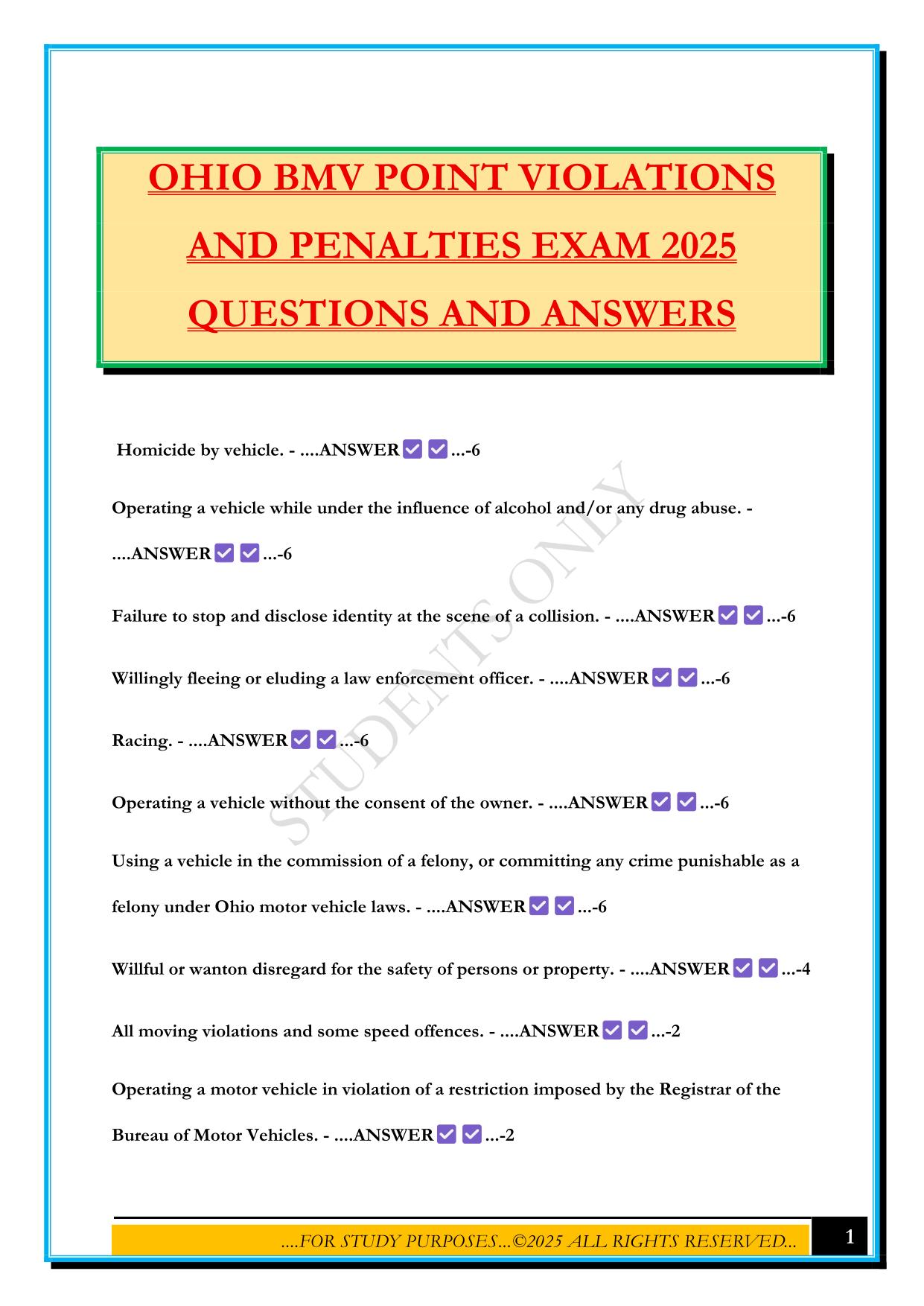 OHIO BMV POINT VIOLATIONS AND PENALTIES EXAM 2025 QUESTIONS AND ANSWERS