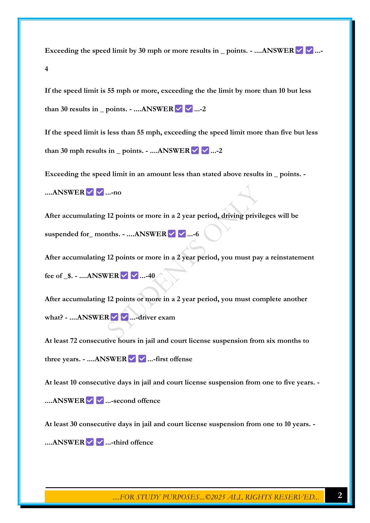 OHIO BMV POINT VIOLATIONS AND PENALTIES EXAM 2025 QUESTIONS AND ANSWERS