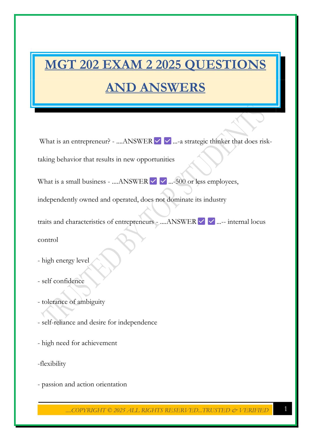 MGT 202 EXAM 2 2025 QUESTIONS AND ANSWERS