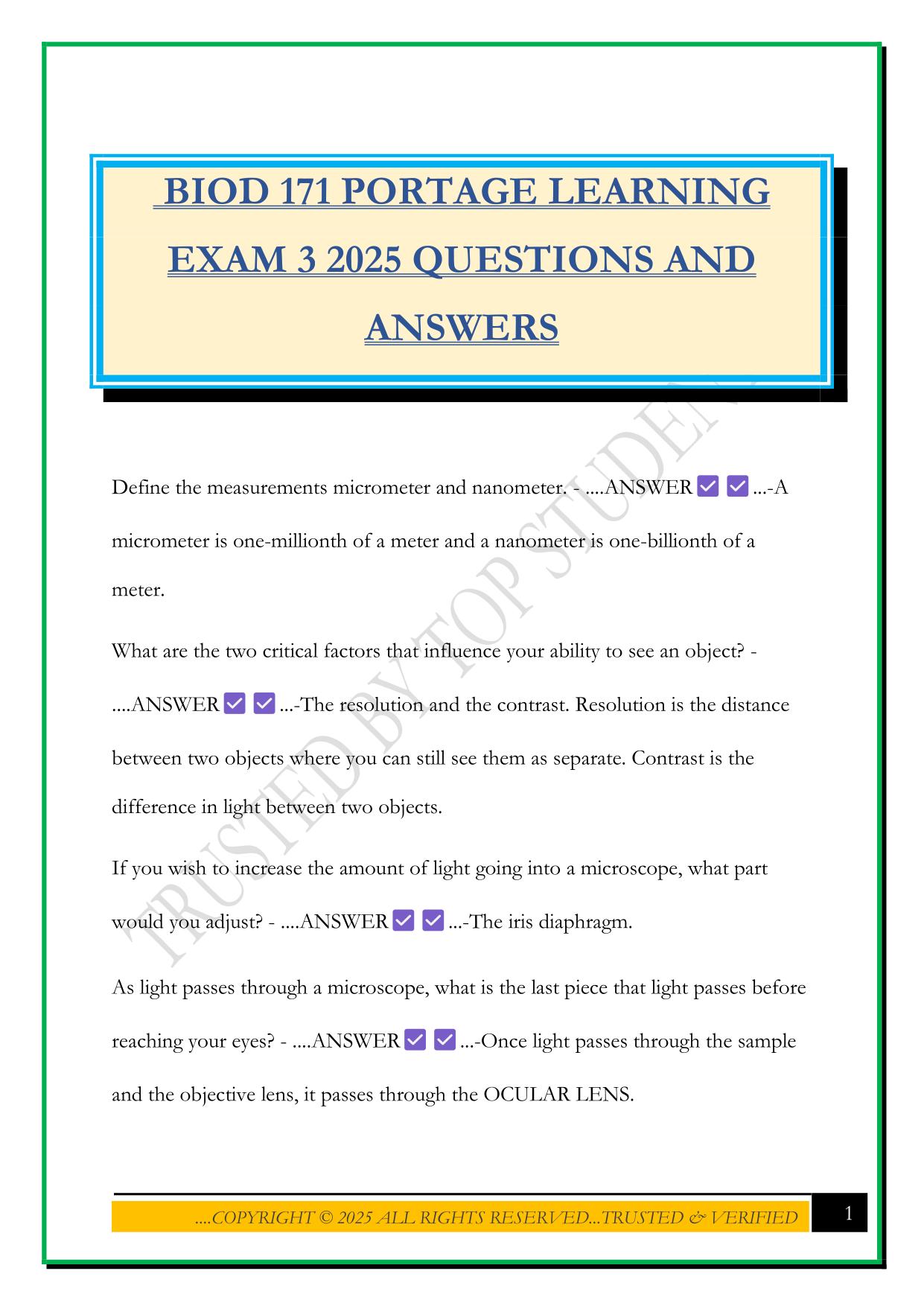 BIOD 171 PORTAGE LEARNING EXAM 3 2025 QUESTIONS AND ANSWERS