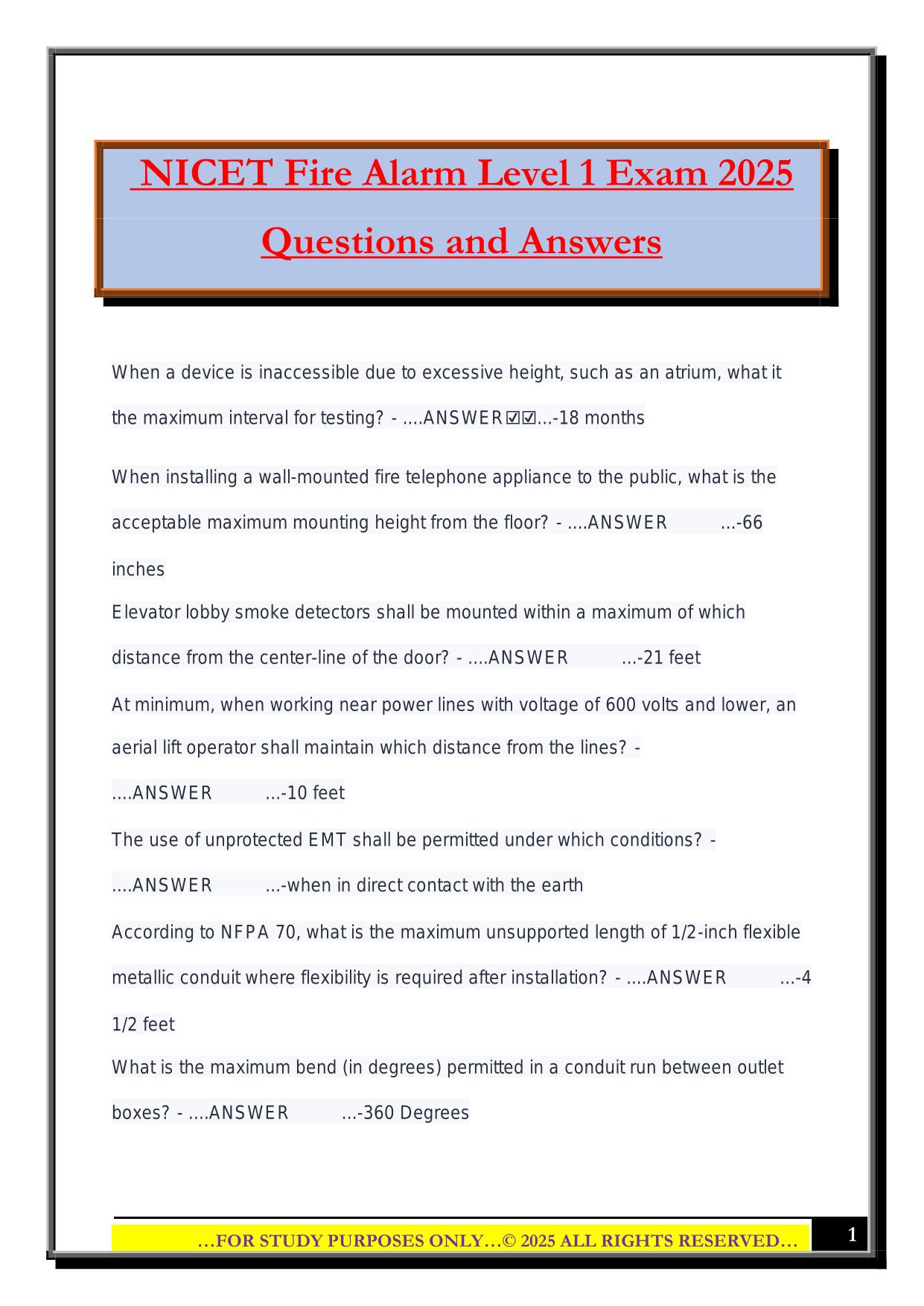 NICET Fire Alarm Level 1 Exam 2025 Questions and Answers