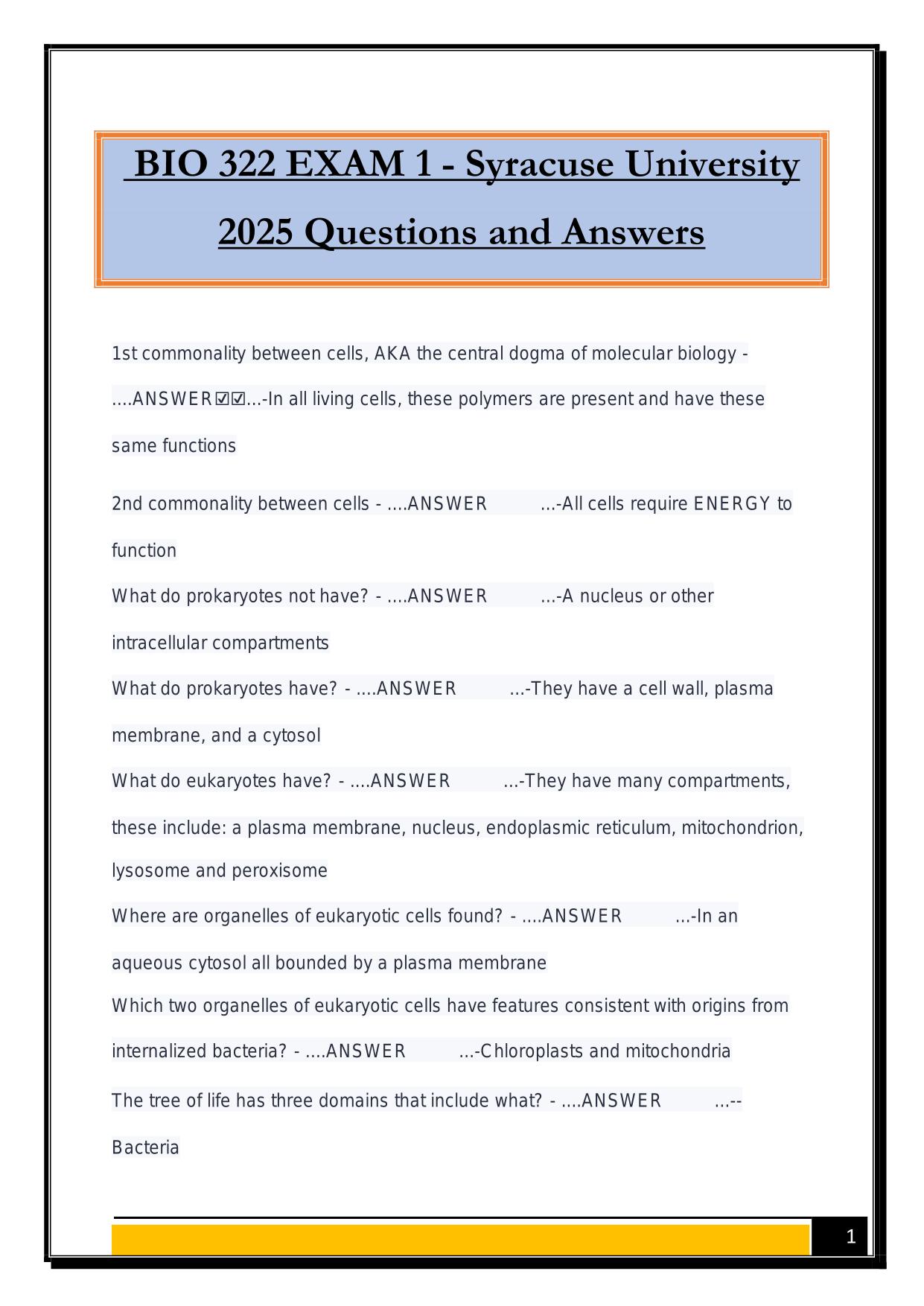 BIO 322 EXAM 1 - Syracuse University 2025 Questions and Answers