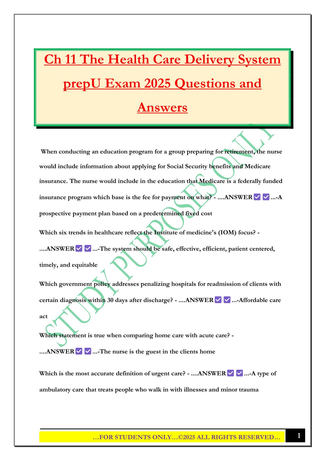 Ch 11 The Health Care Delivery System prepU Exam 2025 Questions and Answers