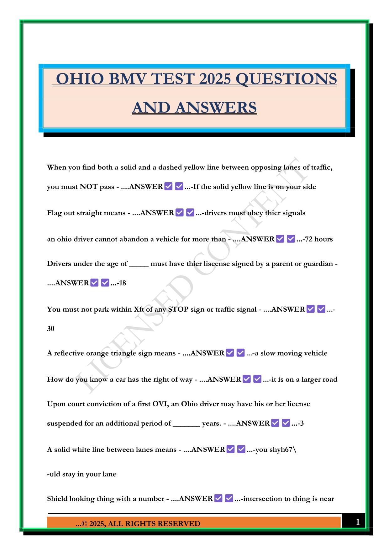 OHIO BMV TEST 2025 QUESTIONS AND ANSWERS