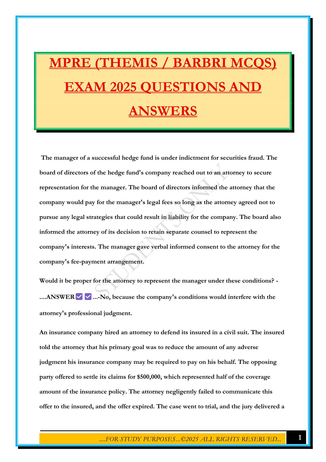 MPRE (THEMIS / BARBRI MCQS) EXAM 2025 QUESTIONS AND ANSWERS