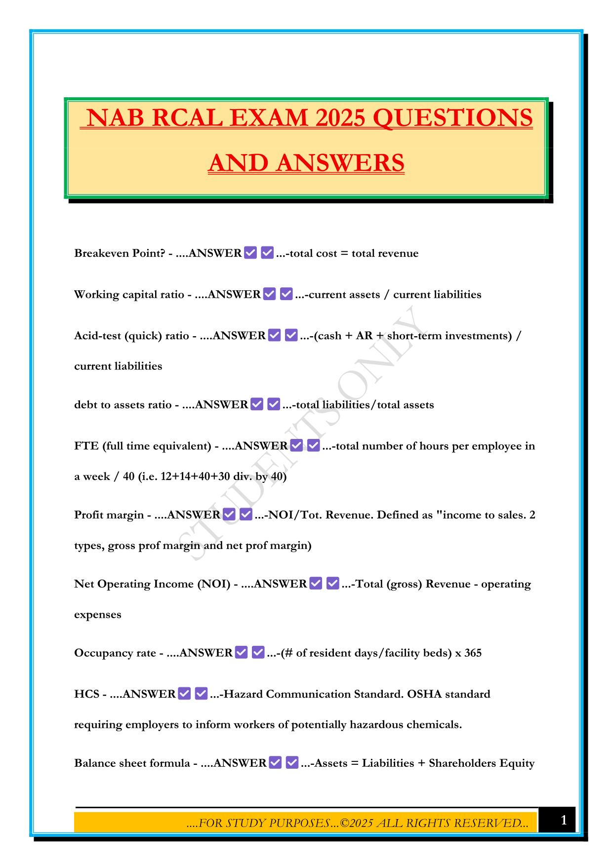 NAB RCAL EXAM 2025 QUESTIONS AND ANSWERS