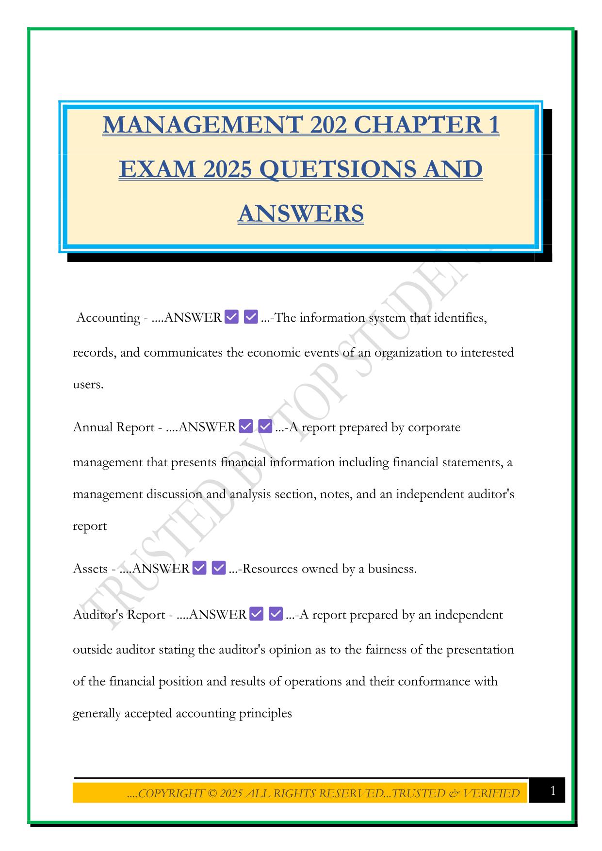 MANAGEMENT 202 CHAPTER 1 EXAM 2025 QUETSIONS AND ANSWERS