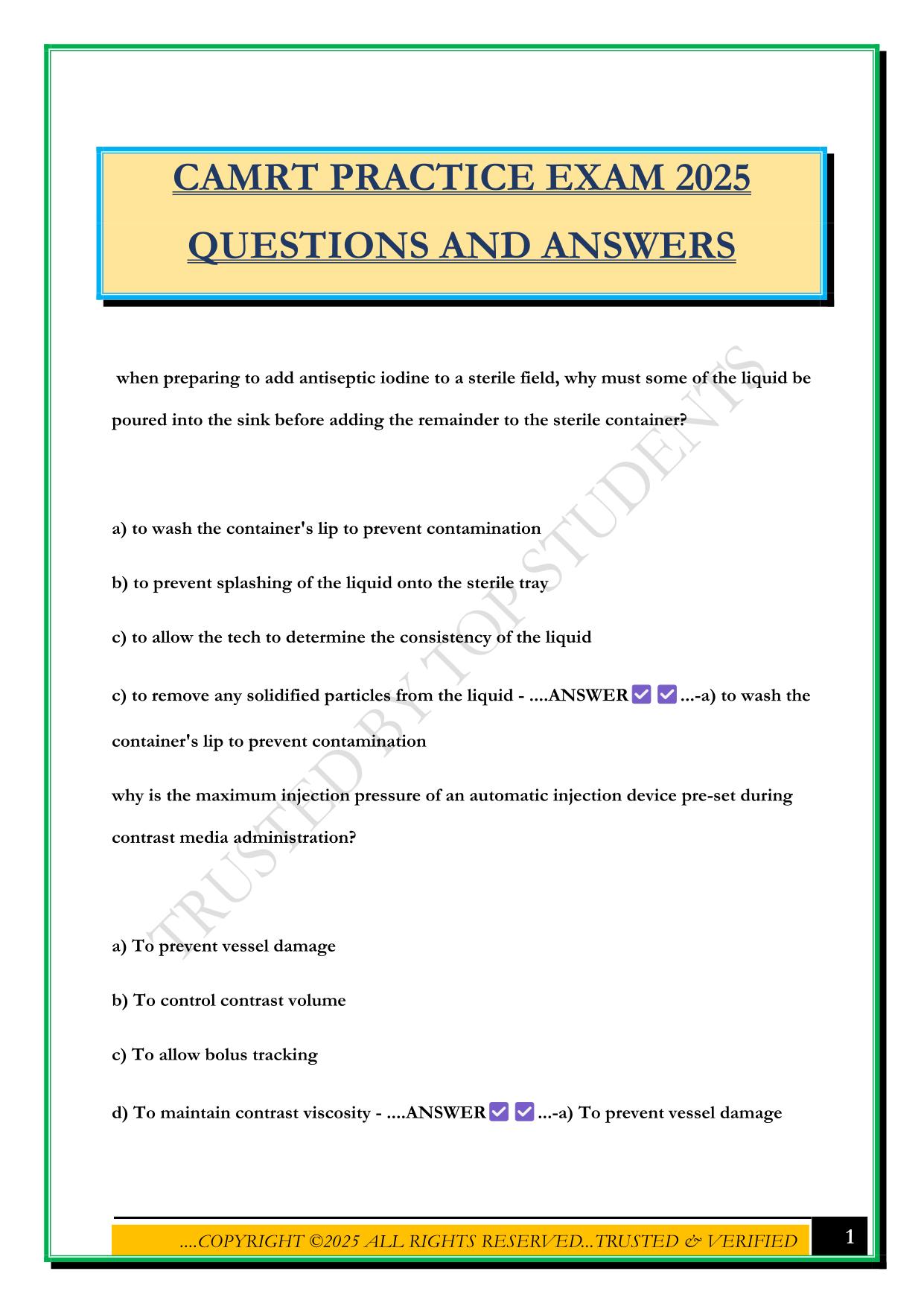 CAMRT PRACTICE EXAM 2025 QUESTIONS AND ANSWERS