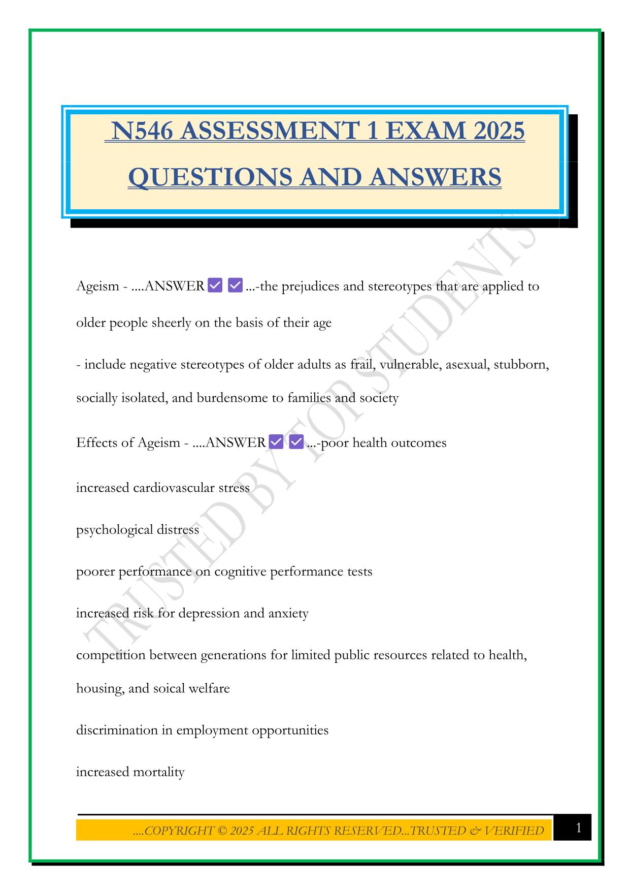 N546 ASSESSMENT 1 EXAM 2025 QUESTIONS AND ANSWERS