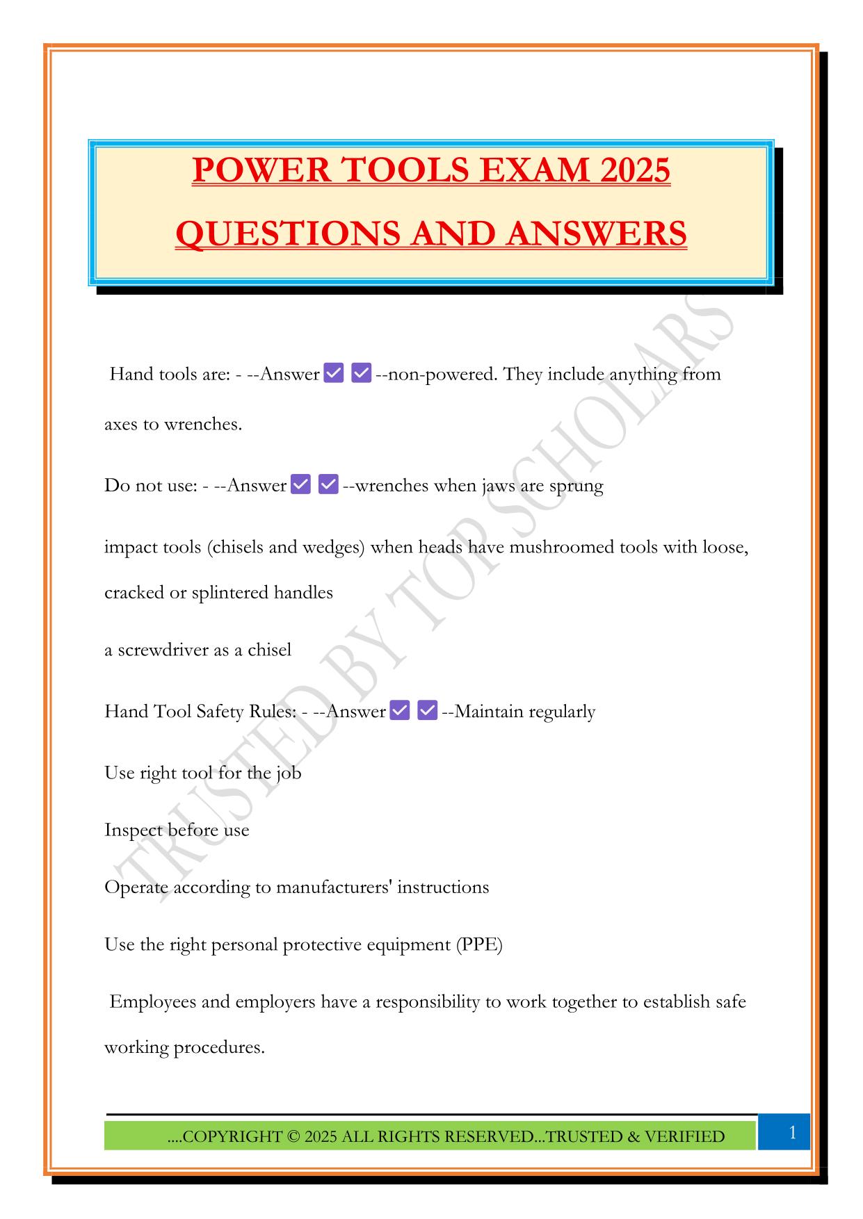 POWER TOOLS EXAM 2025 QUESTIONS AND ANSWERS
