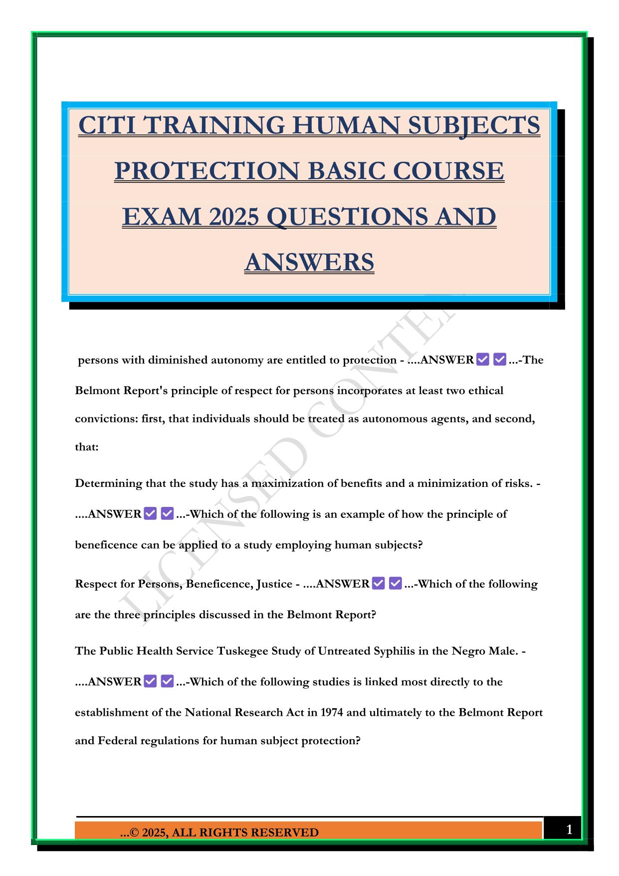 CITI TRAINING HUMAN SUBJECTS PROTECTION BASIC COURSE EXAM 2025 QUESTIONS AND ANSWERS