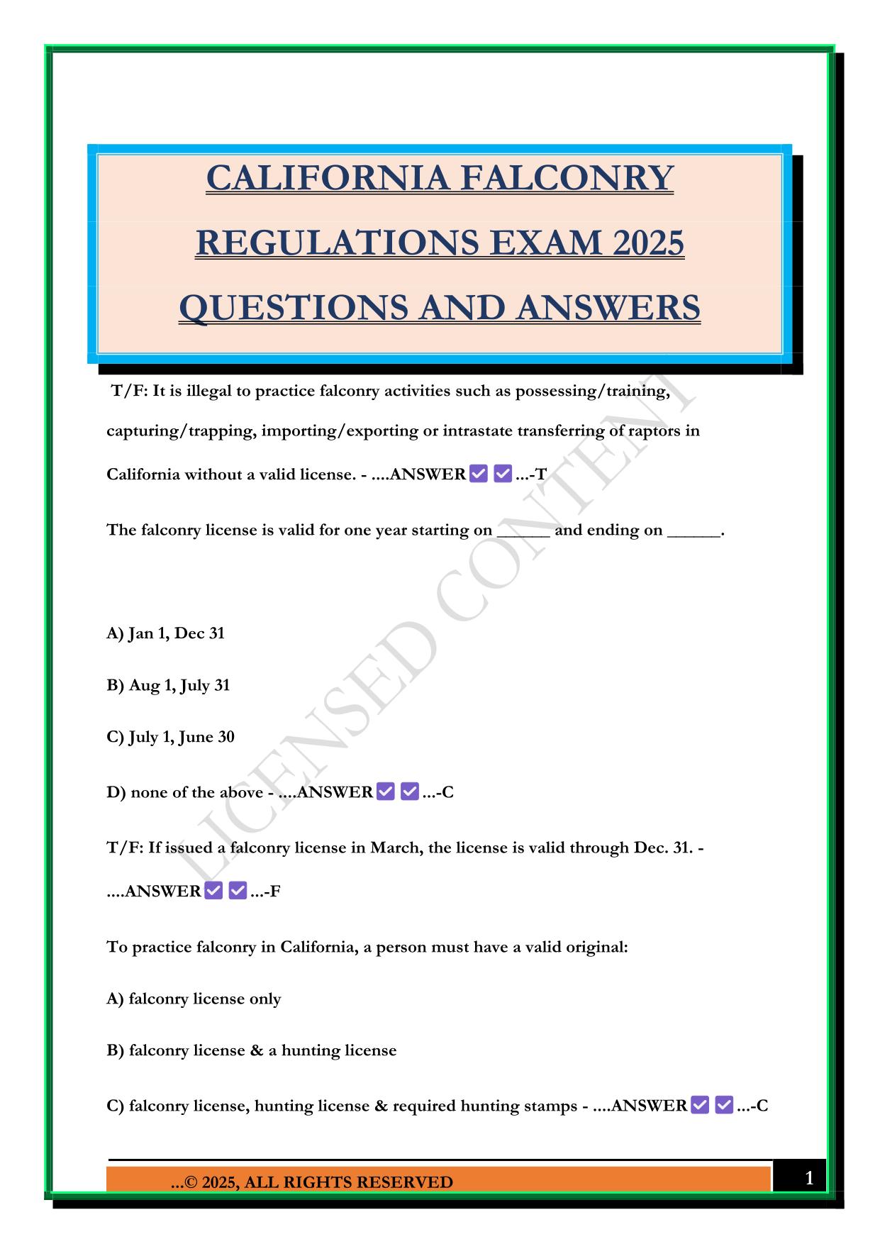 CALIFORNIA FALCONRY REGULATIONS EXAM 2025 QUESTIONS AND ANSWERS
