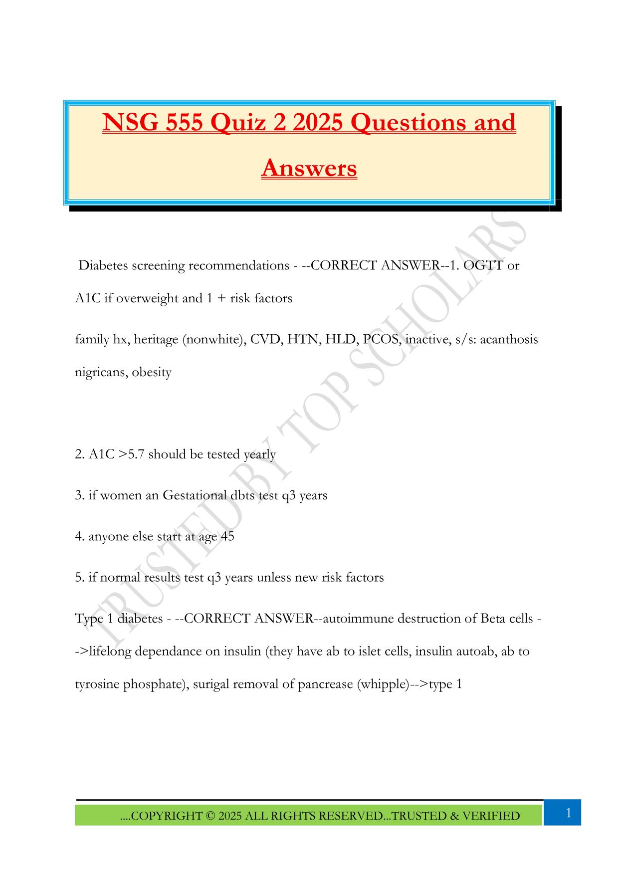 NSG 555 Quiz 2 2025 Questions and Answers