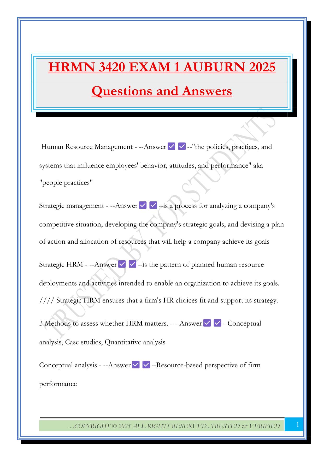 HRMN 3420 EXAM 1 AUBURN 2025 Questions and Answers