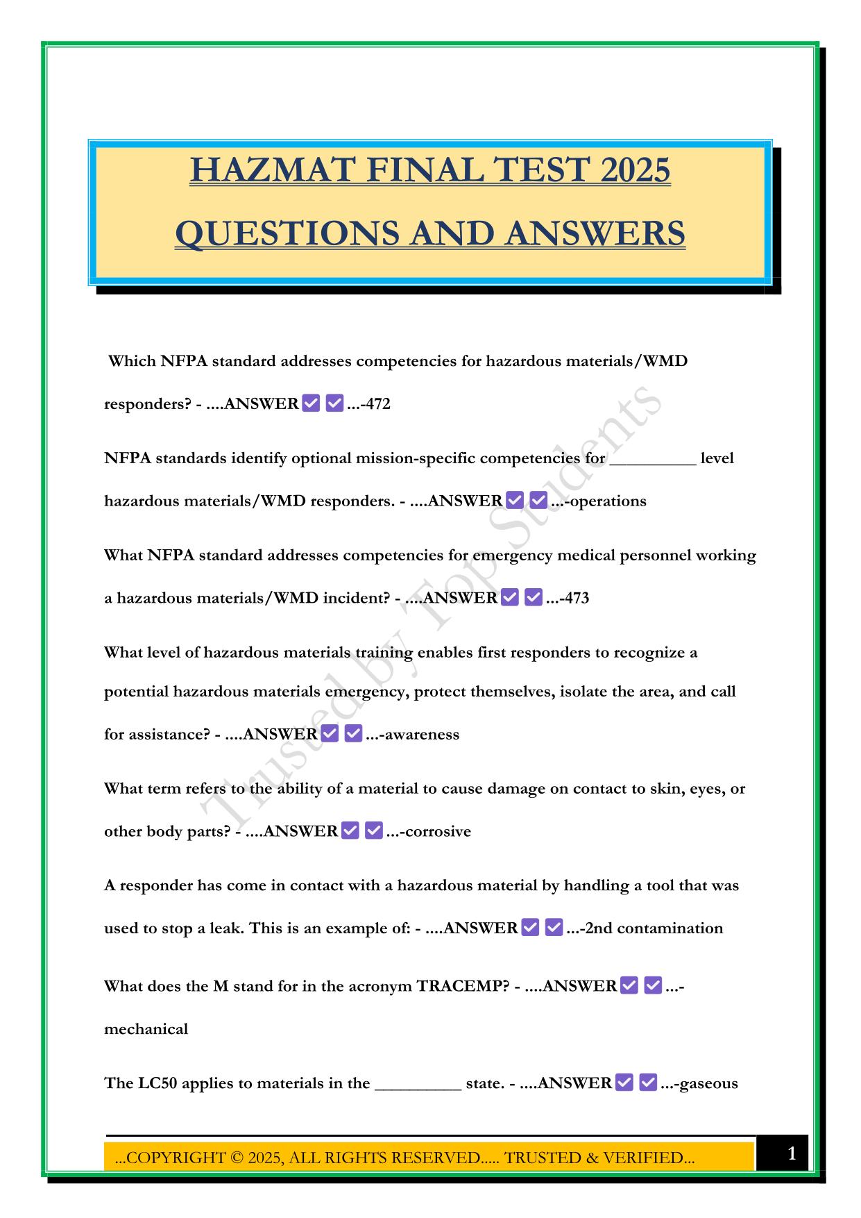 HAZMAT FINAL TEST 2025 QUESTIONS AND ANSWERS