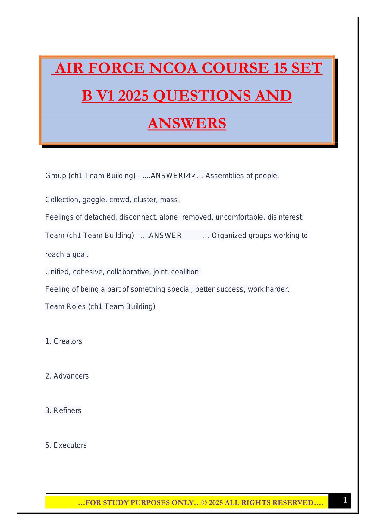 AIR FORCE NCOA COURSE 15 SET B V1 2025 QUESTIONS AND ANSWERS