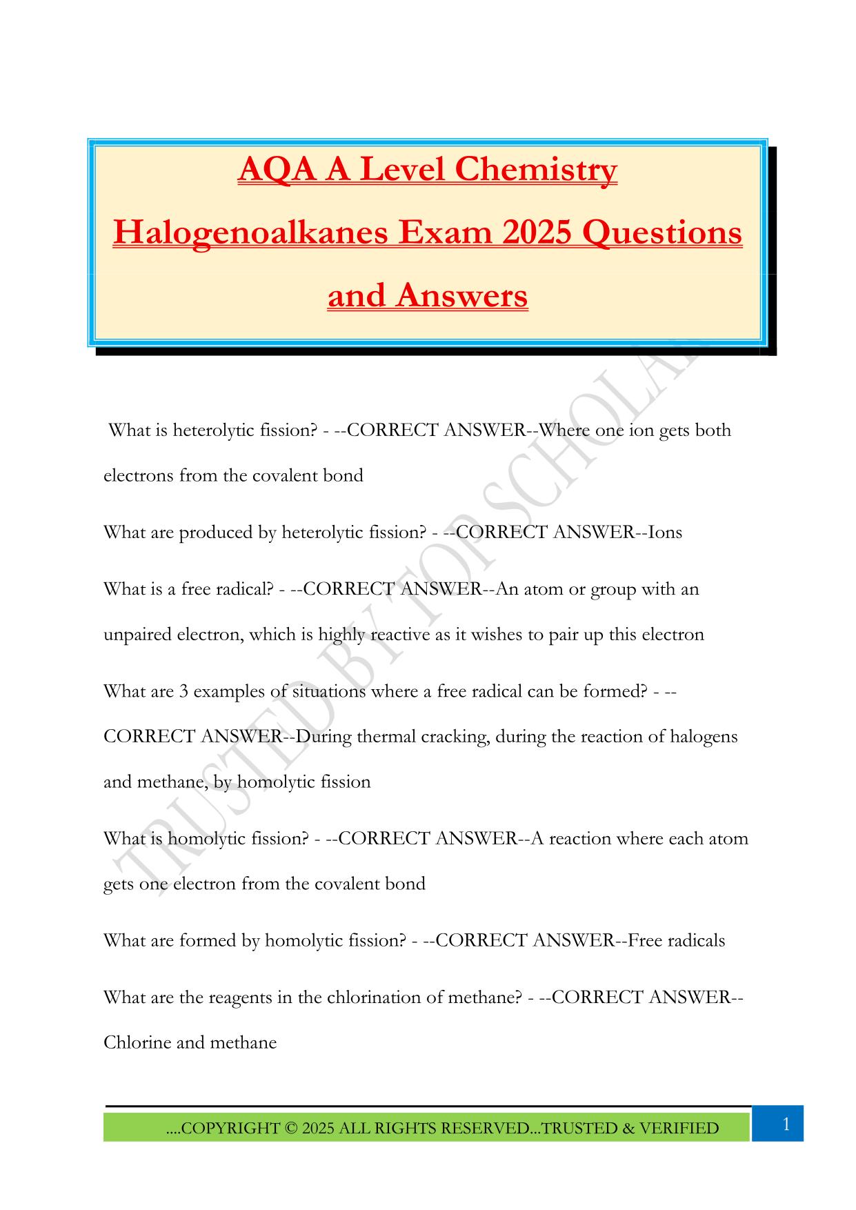 AQA A Level Chemistry Halogenoalkanes Exam 2025 Questions and Answers