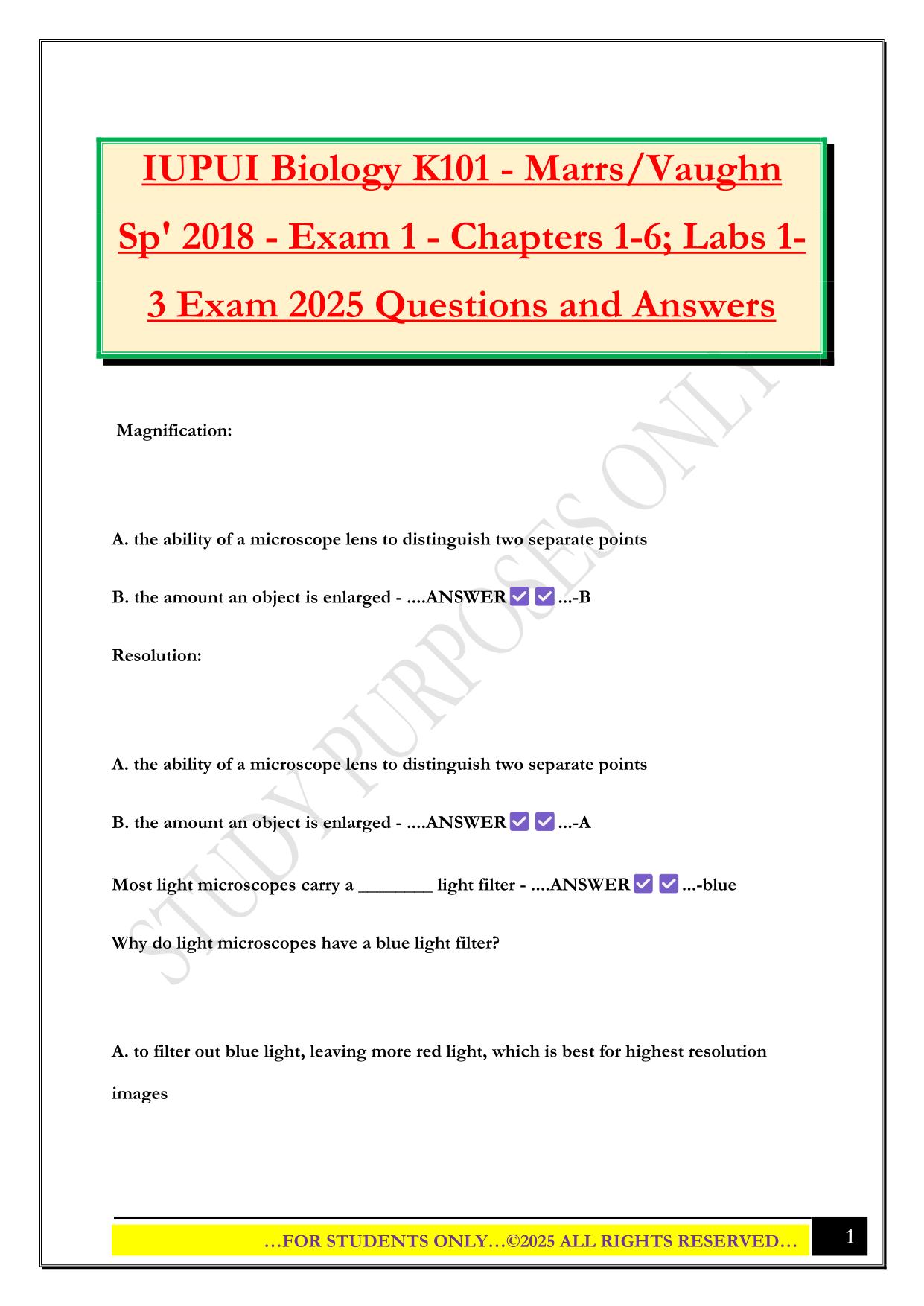 IUPUI Biology K101 - Marrs/Vaughn Sp' 2018 - Exam 1 - Chapters 1-6; Labs 1- 3 Exam 2025 Questions and Answers