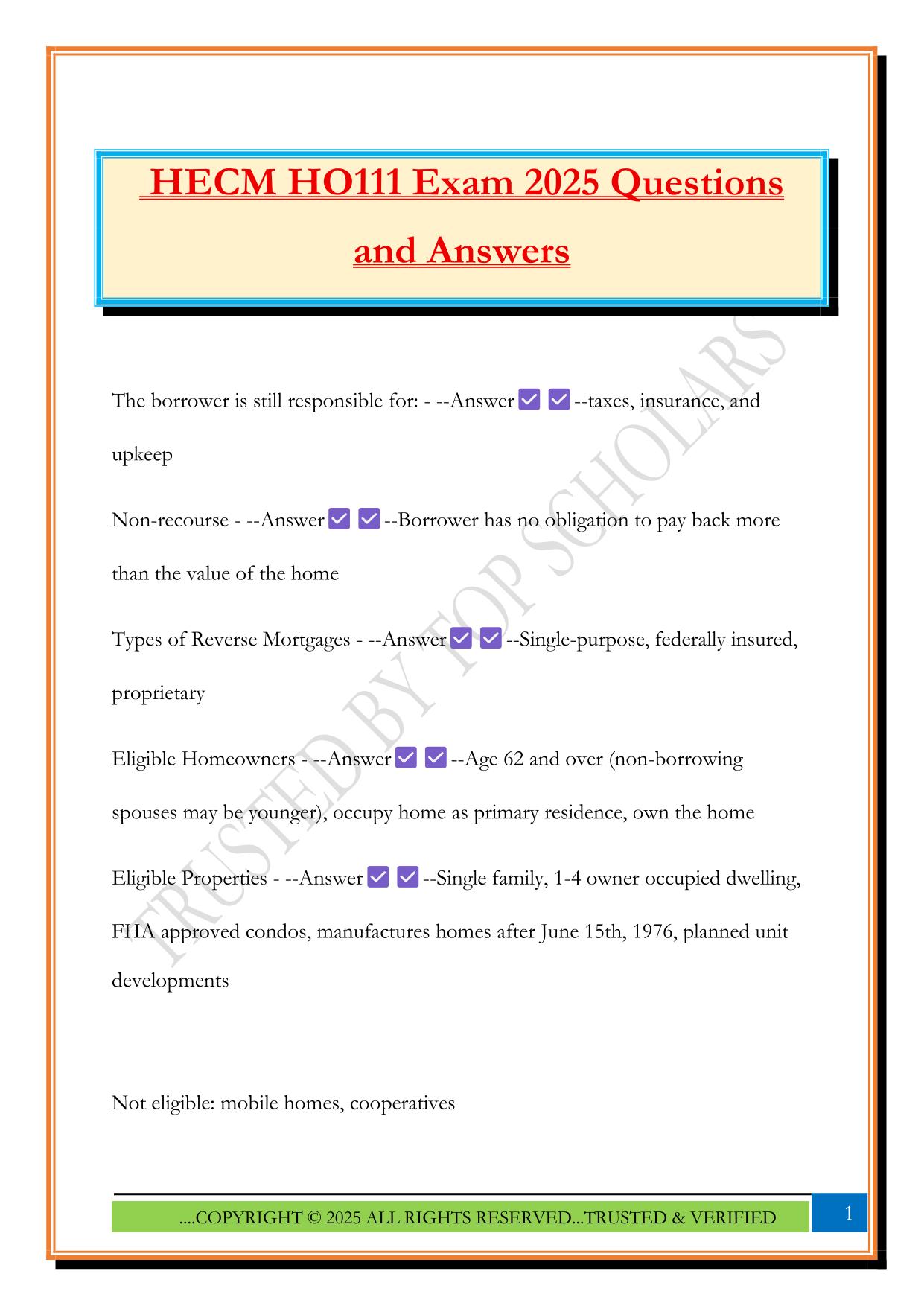 HECM HO111 Exam 2025 Questions and Answers