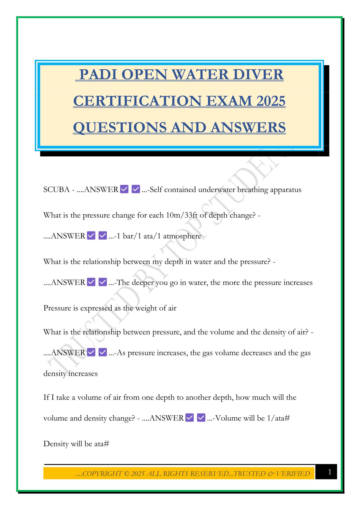 PADI OPEN WATER DIVER CERTIFICATION EXAM 2025 QUESTIONS AND ANSWERS