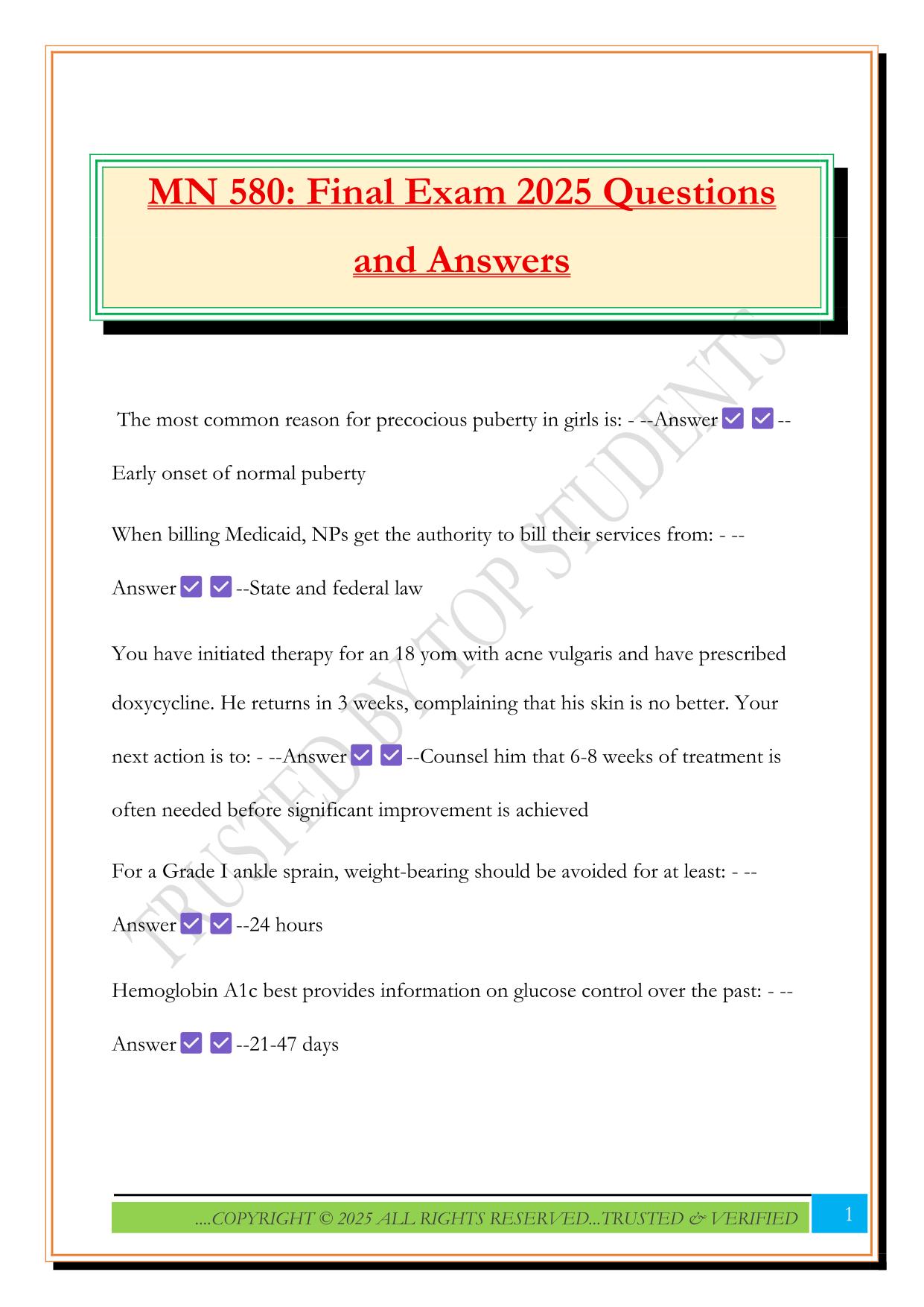 MN 580: Final Exam 2025 Questions and Answers