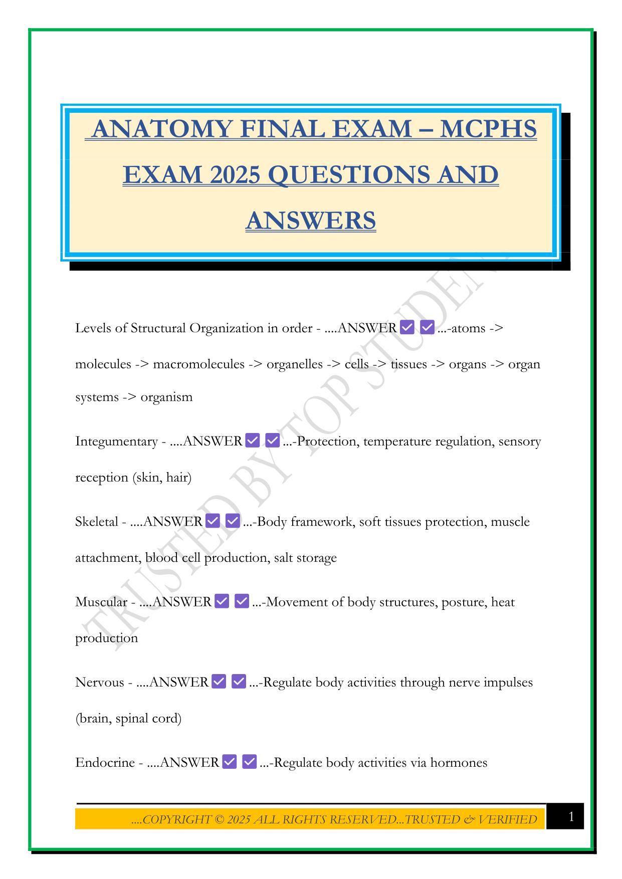 ANATOMY FINAL EXAM – MCPHS EXAM 2025 QUESTIONS AND ANSWERS