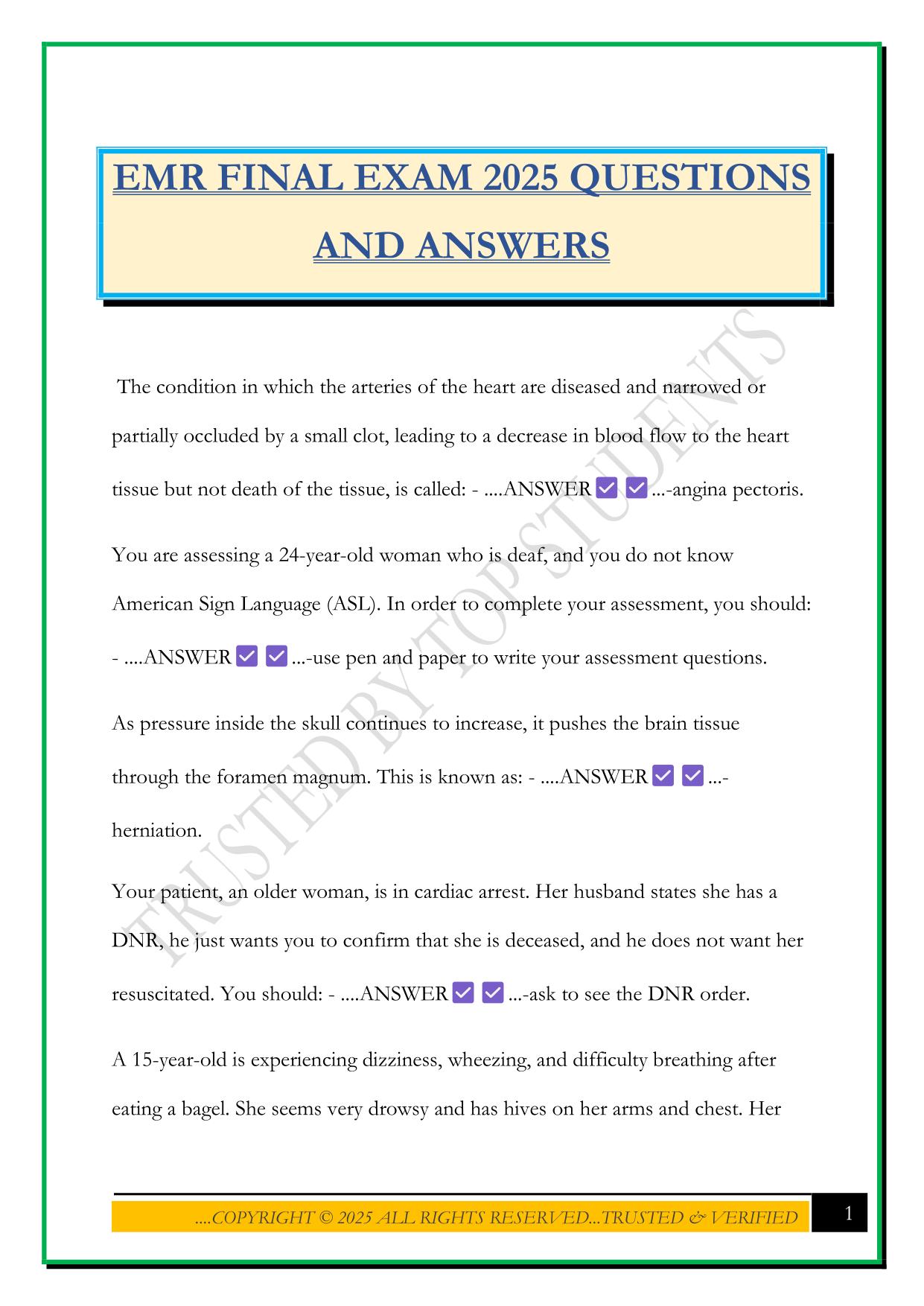 EMR FINAL EXAM 2025 QUESTIONS AND ANSWERS