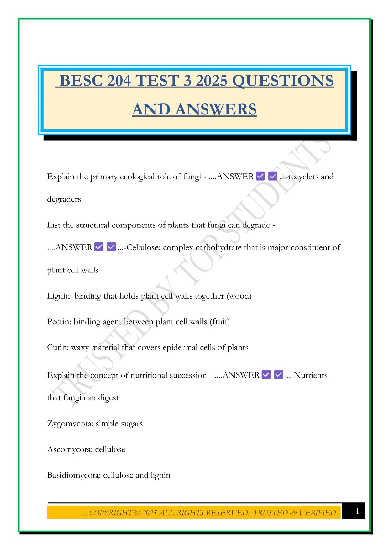BESC 204 TEST 3 2025 QUESTIONS AND ANSWERS