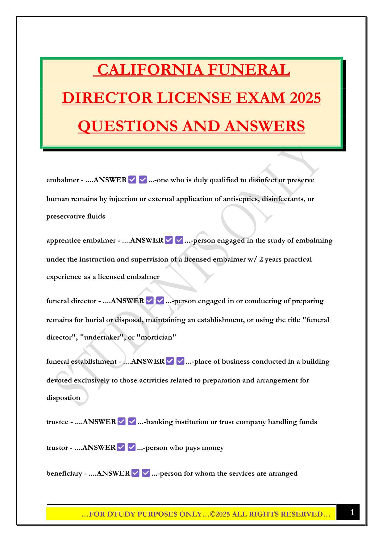 CALIFORNIA FUNERAL DIRECTOR LICENSE EXAM 2025 QUESTIONS AND ANSWERS