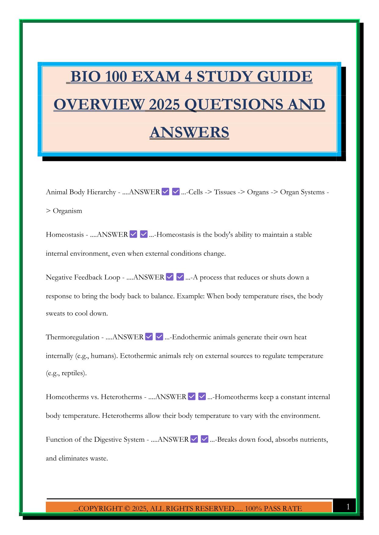 BIO 100 EXAM 4 STUDY GUIDE OVERVIEW 2025 QUETSIONS AND ANSWERS