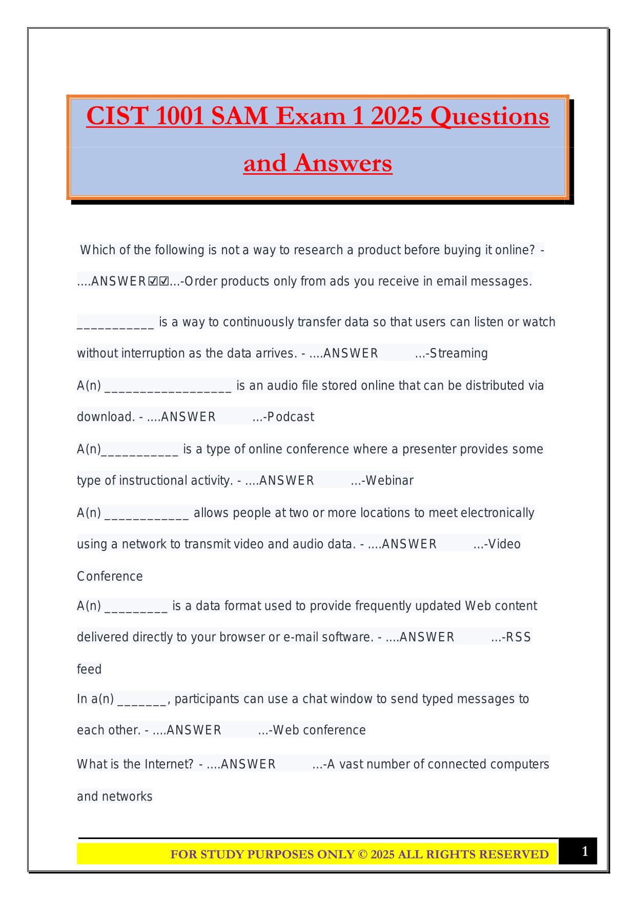 CIST 1001 SAM Exam 1 2025 Questions and Answers