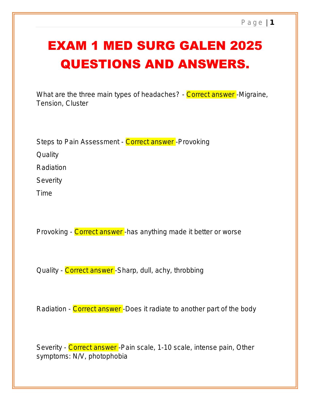 EXAM 1 MED SURG GALEN 2025 QUESTIONS AND ANSWERS.