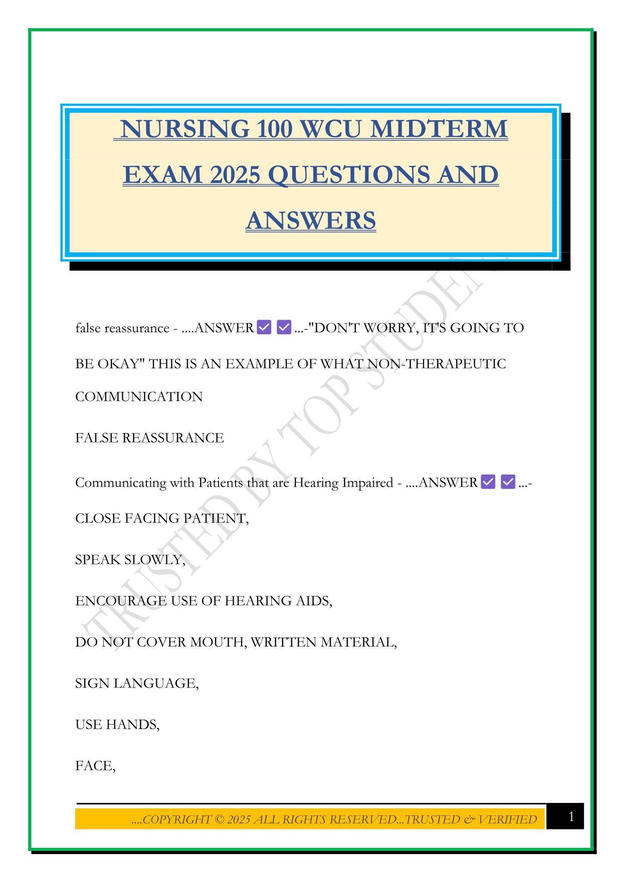 NURSING 100 WCU MIDTERM EXAM 2025 QUESTIONS AND ANSWERS