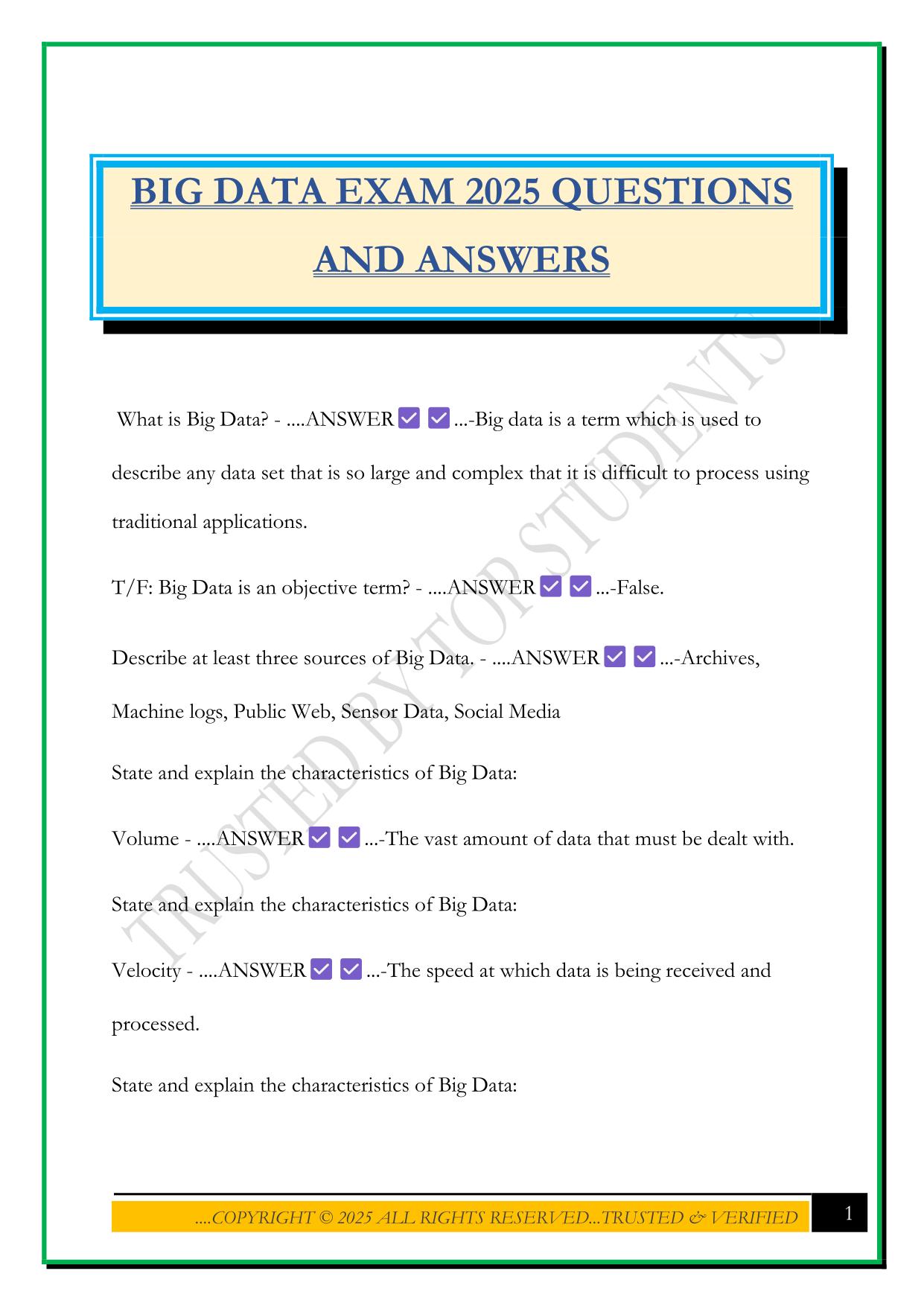 BIG DATA EXAM 2025 QUESTIONS AND ANSWERS