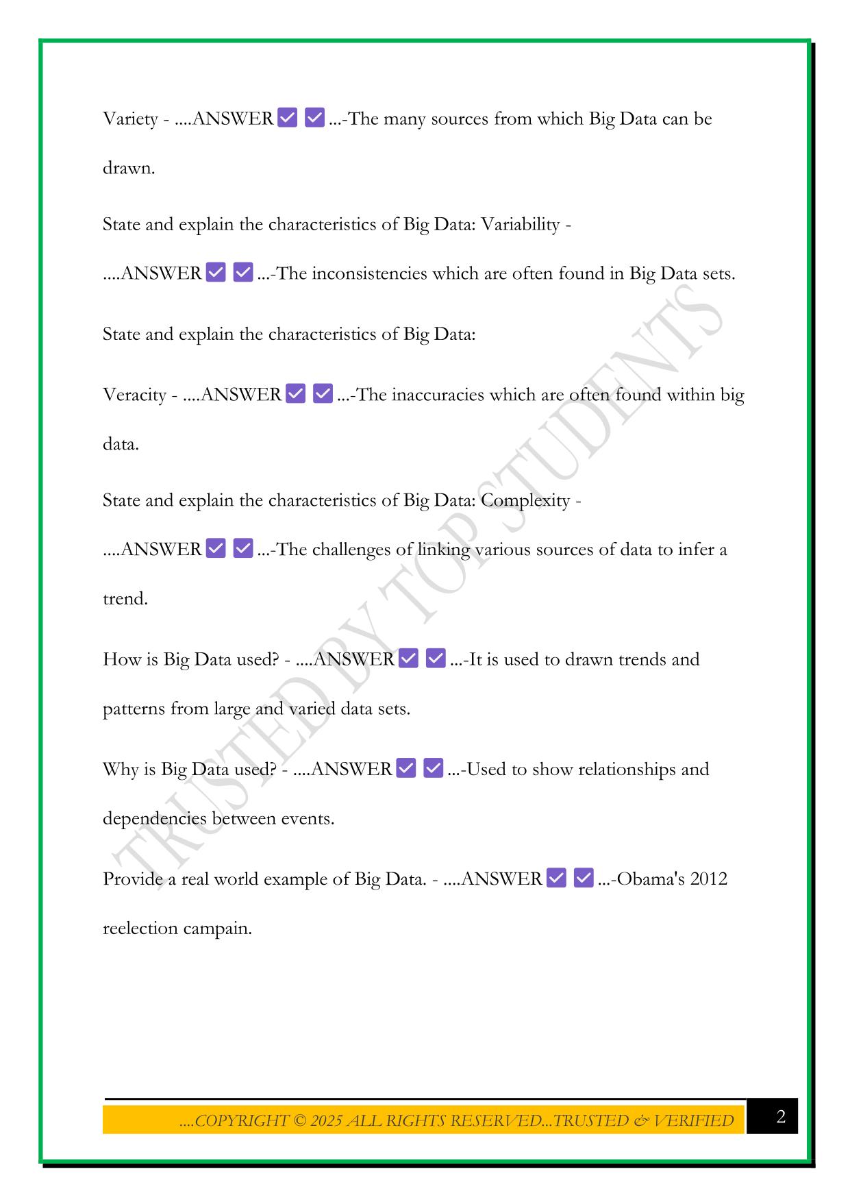 BIG DATA EXAM 2025 QUESTIONS AND ANSWERS