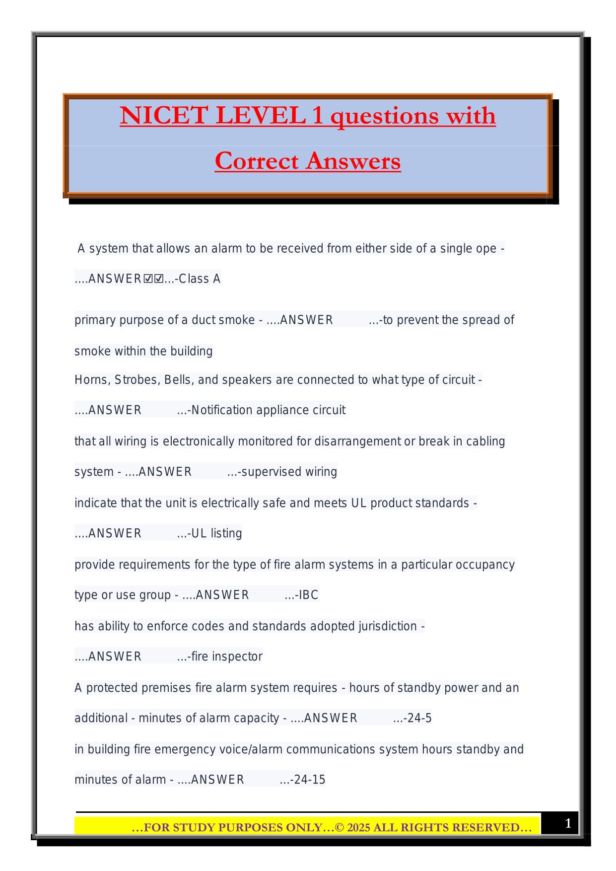 NICET LEVEL 1 questions with Correct Answers