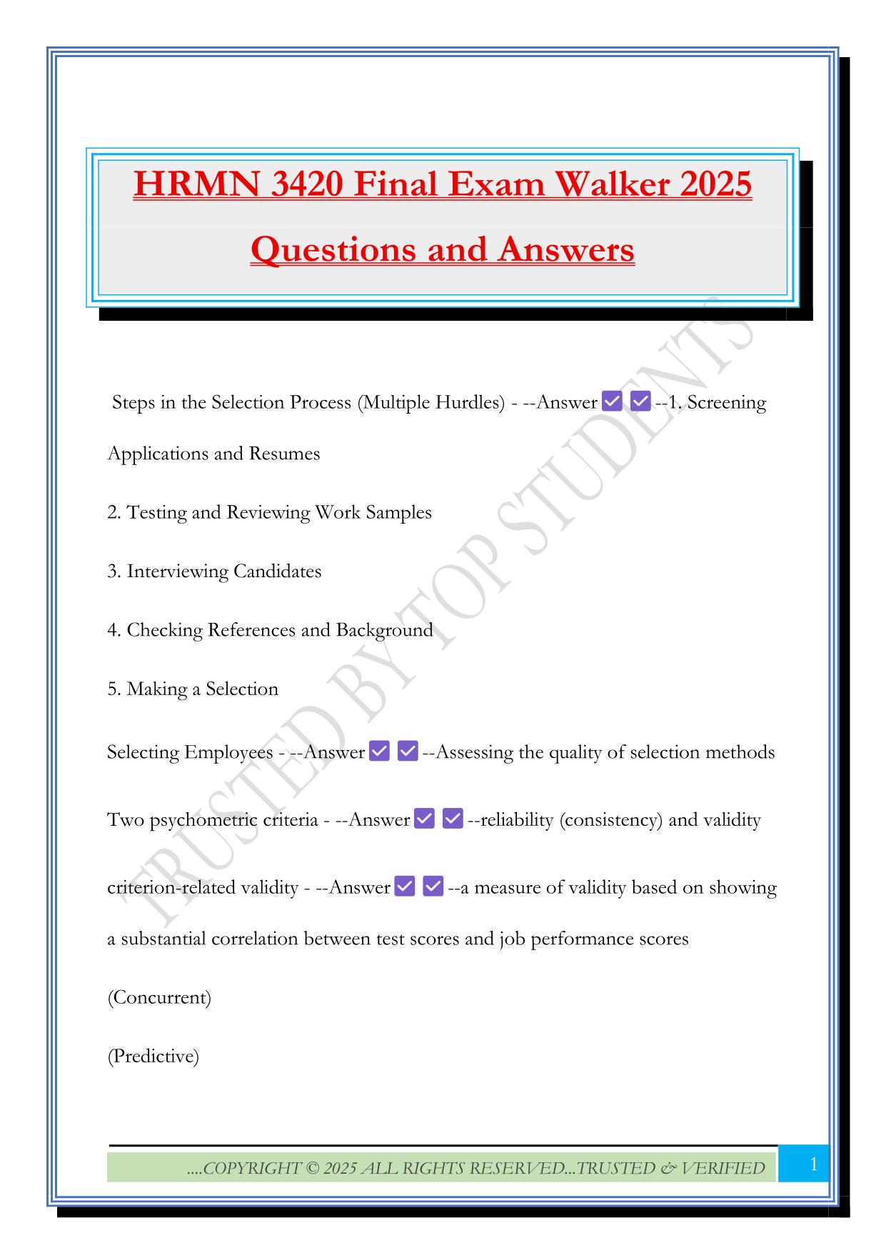 HRMN 3420 Final Exam Walker 2025 Questions and Answers
