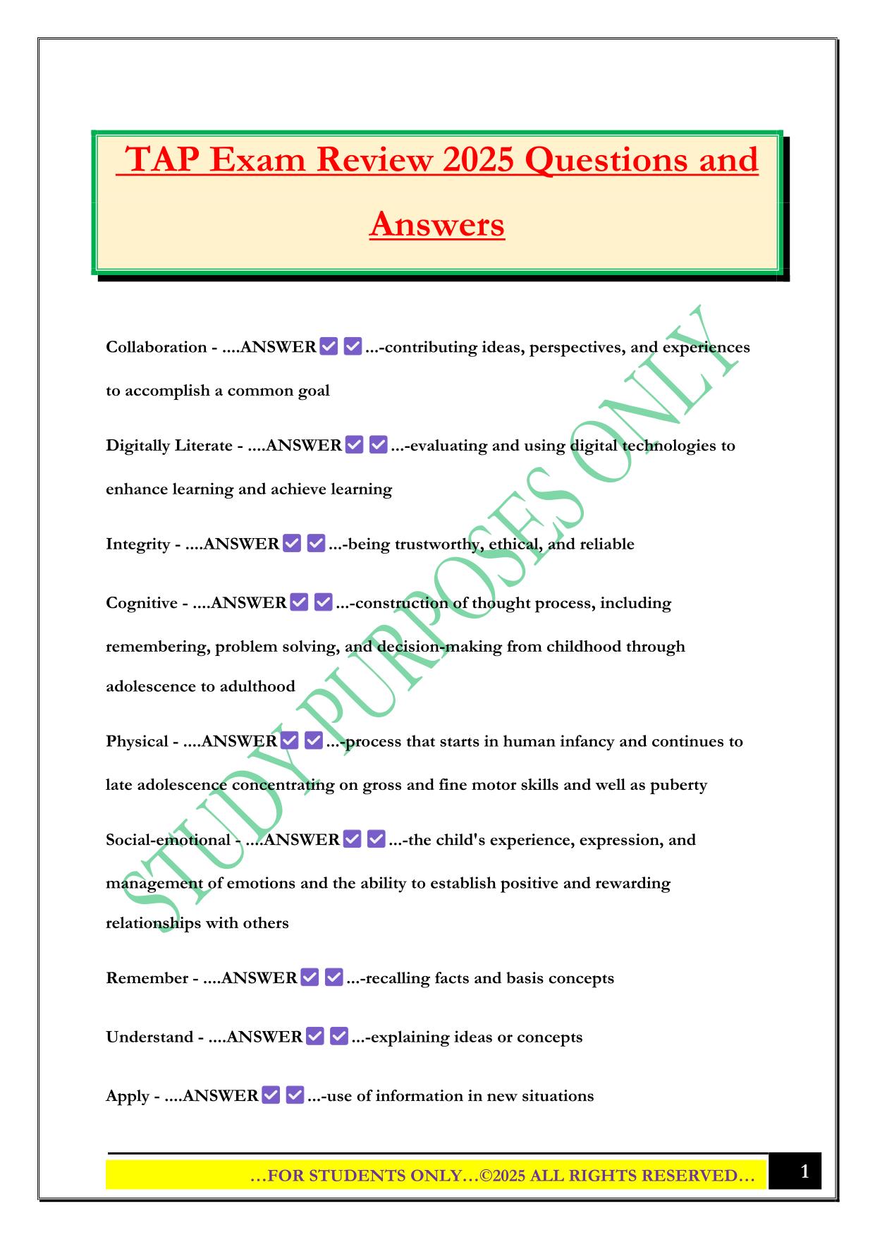 TAP Exam Review 2025 Questions and Answers