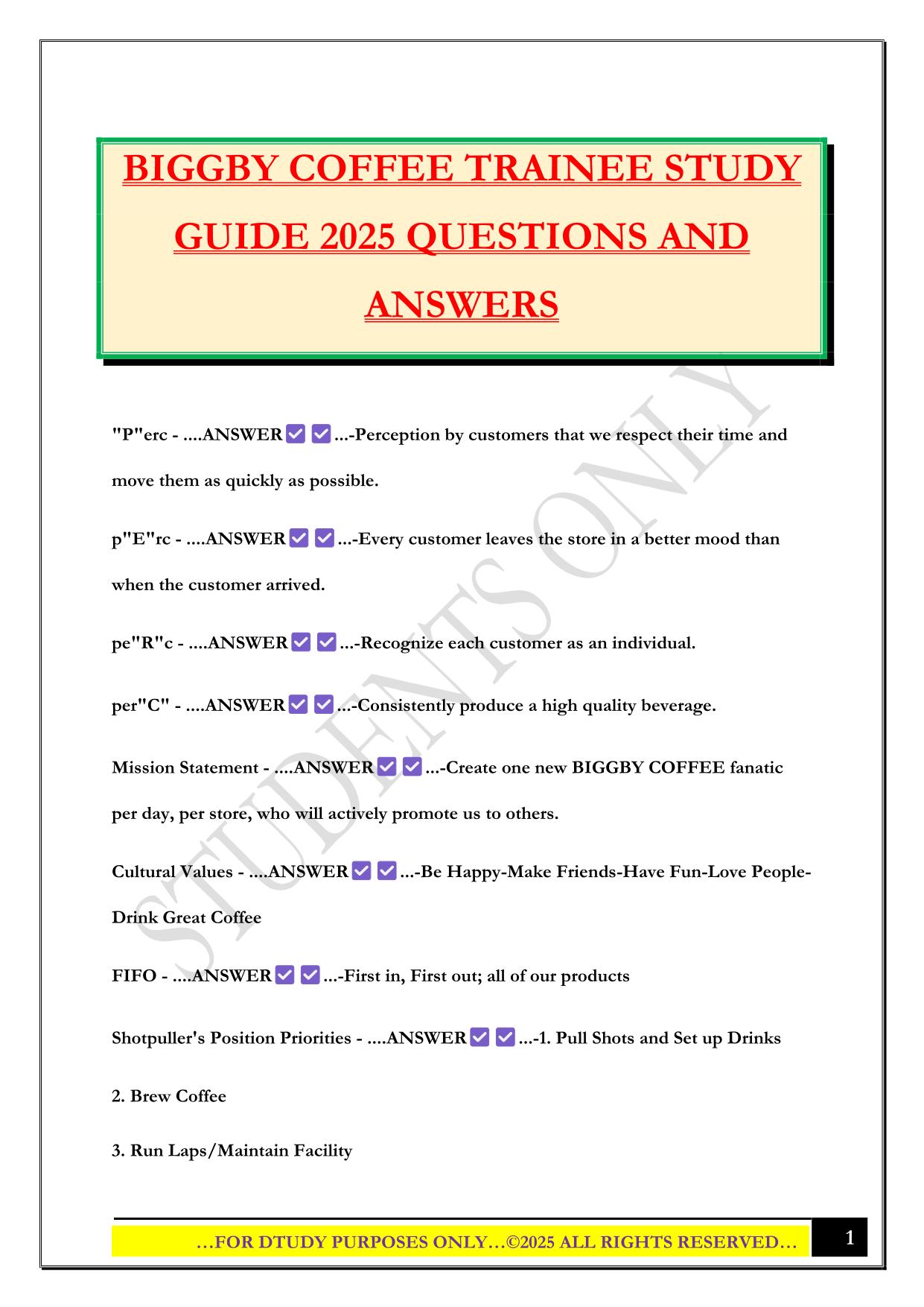 BIGGBY COFFEE TRAINEE STUDY GUIDE 2025 QUESTIONS AND ANSWERS
