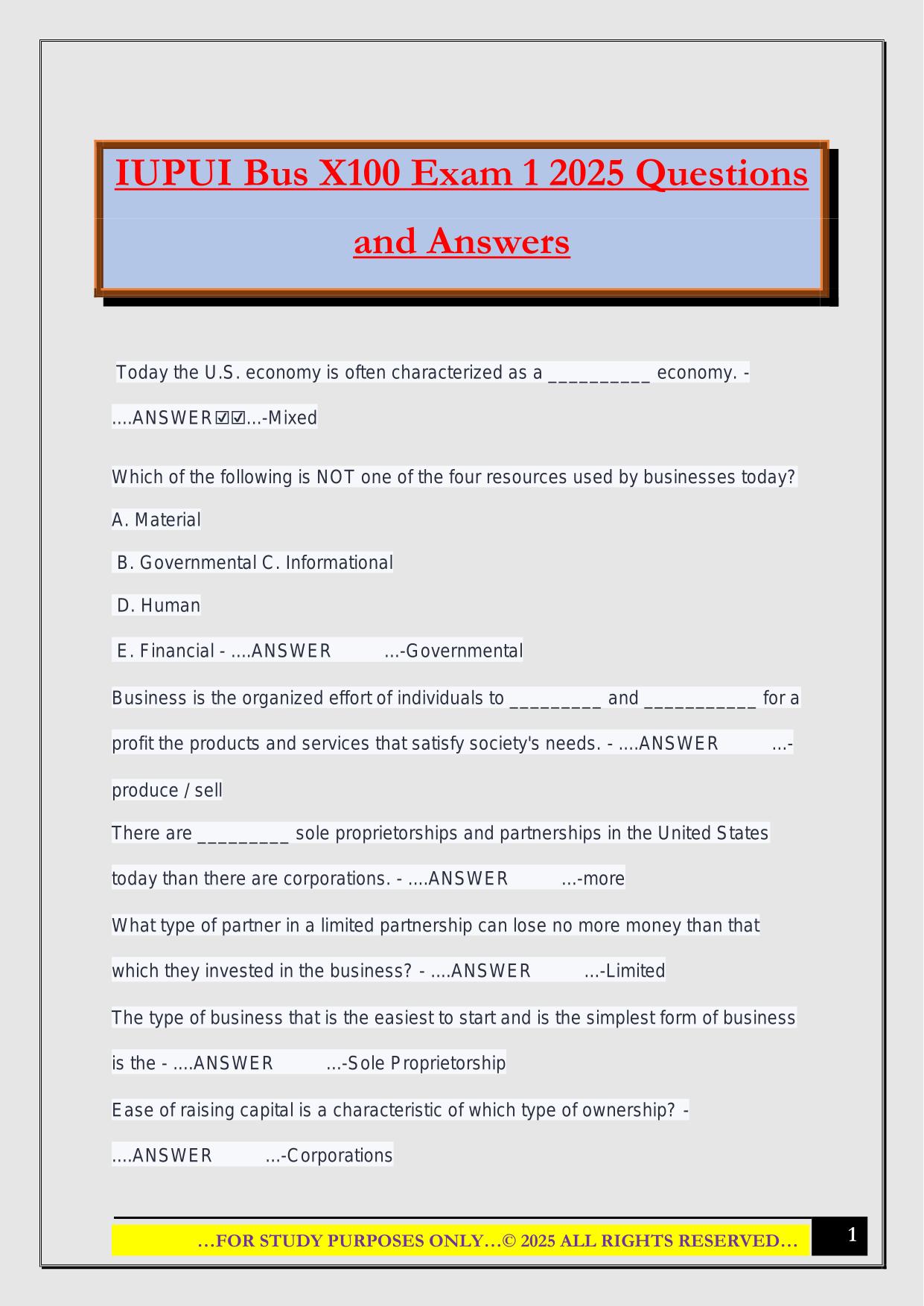 IUPUI Bus X100 Exam 1 2025 Questions and Answers