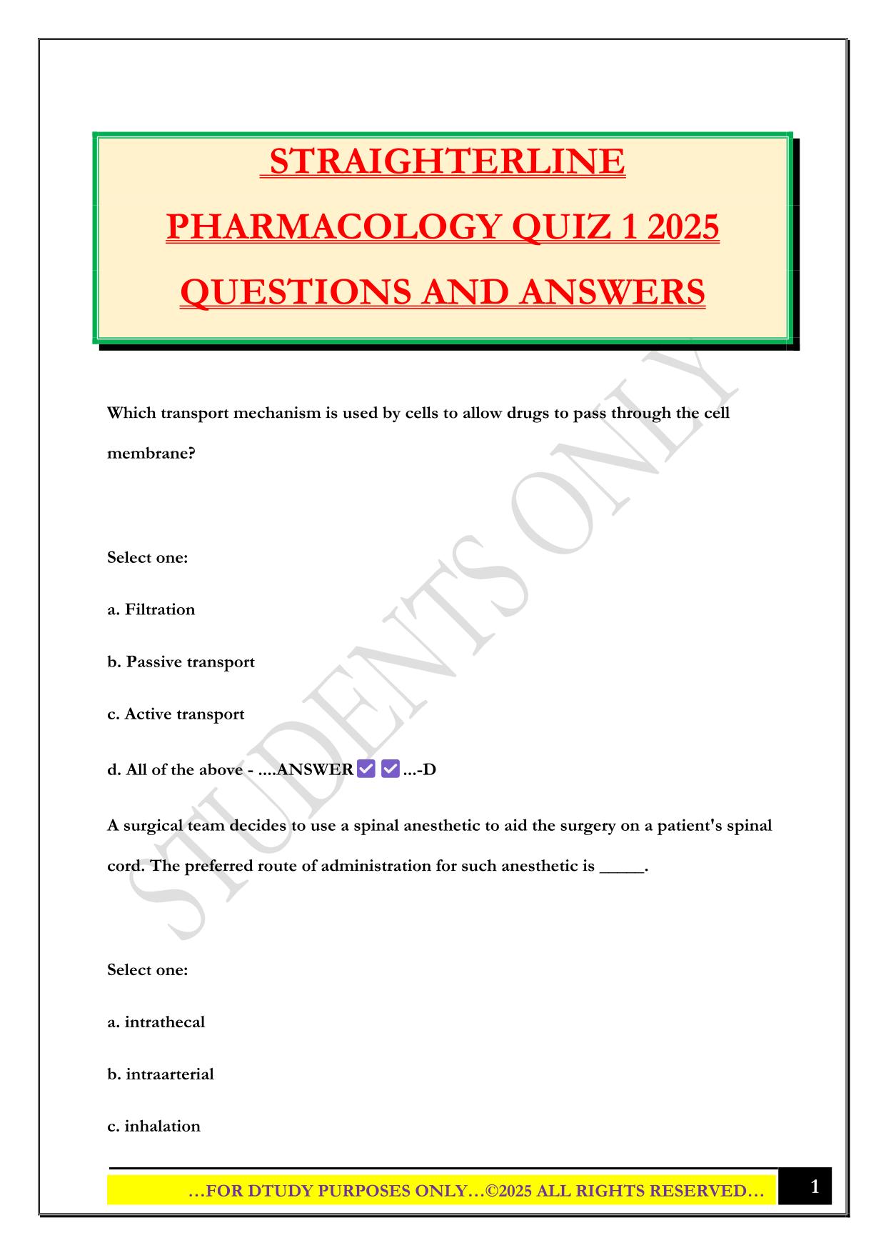 STRAIGHTERLINE PHARMACOLOGY QUIZ 1 2025 QUESTIONS AND ANSWERS