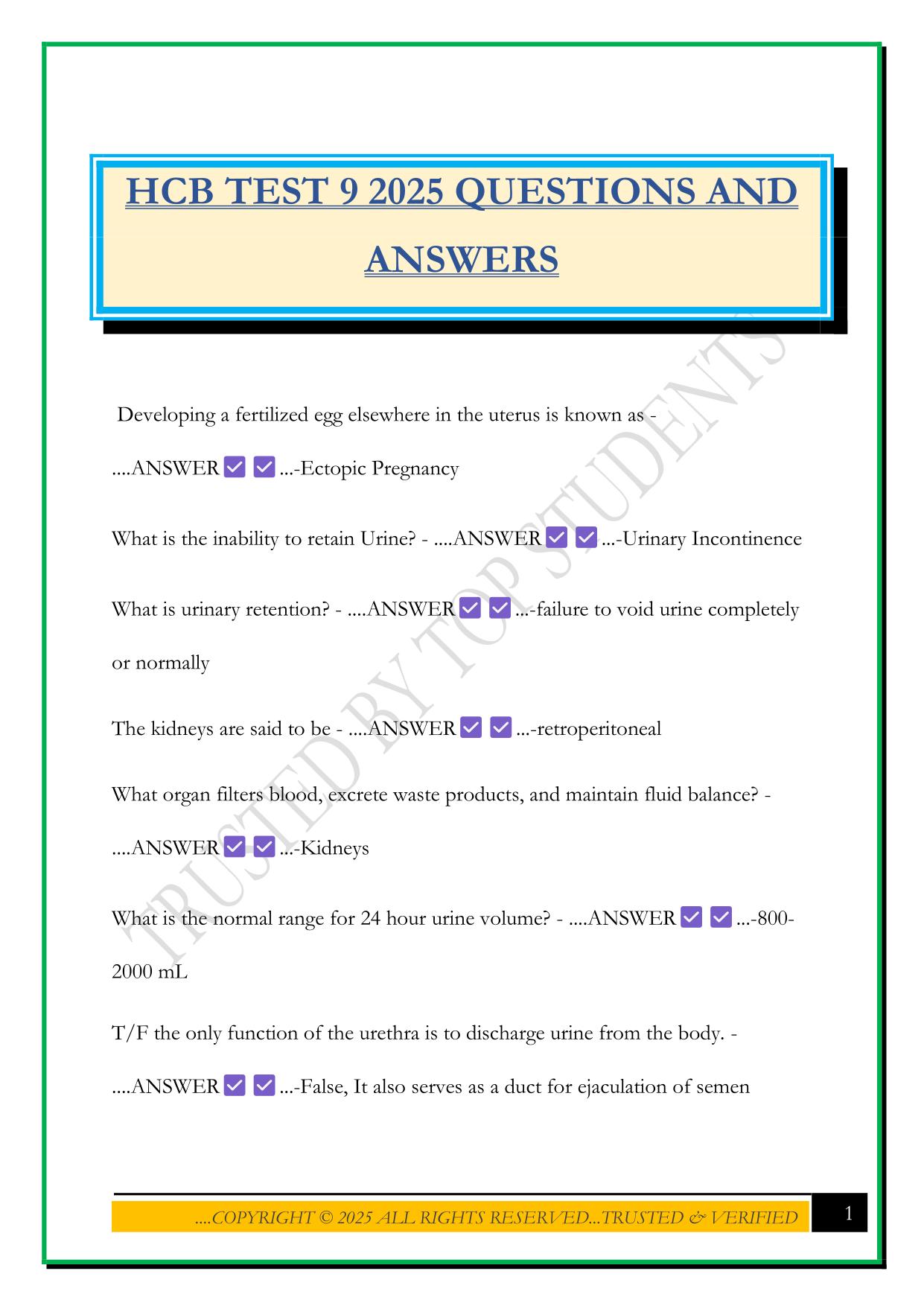 HCB TEST 9 2025 QUESTIONS AND ANSWERS
