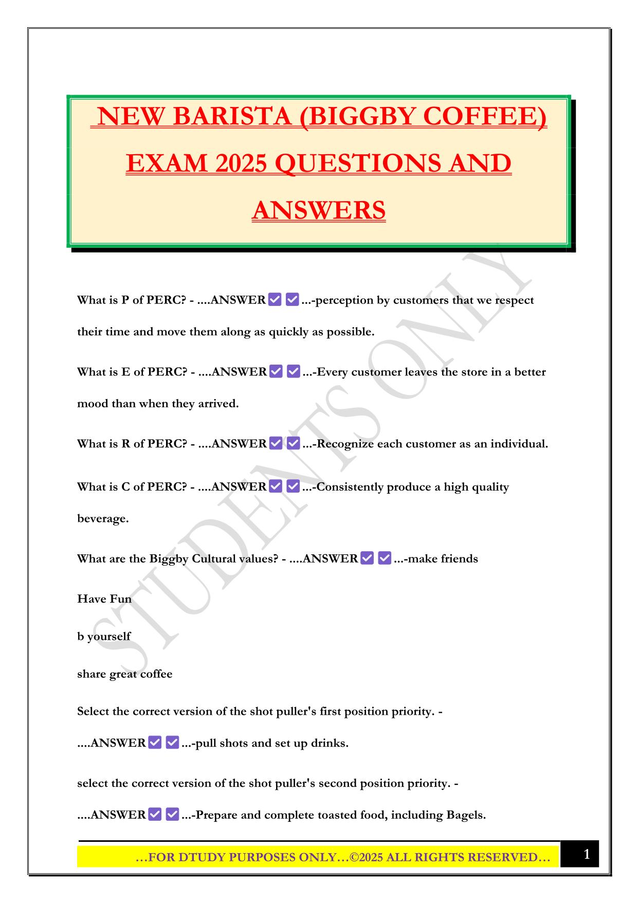 NEW BARISTA (BIGGBY COFFEE) EXAM 2025 QUESTIONS AND ANSWERS