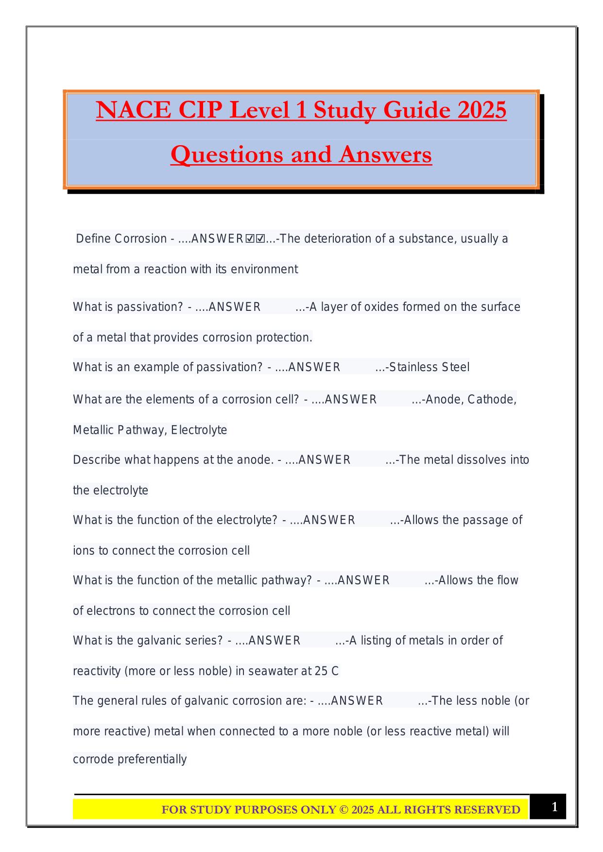 NACE CIP Level 1 Study Guide 2025 Questions and Answers
