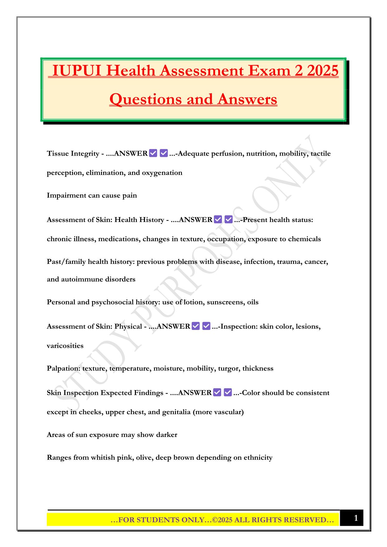 IUPUI Health Assessment Exam 2 2025 Questions and Answer