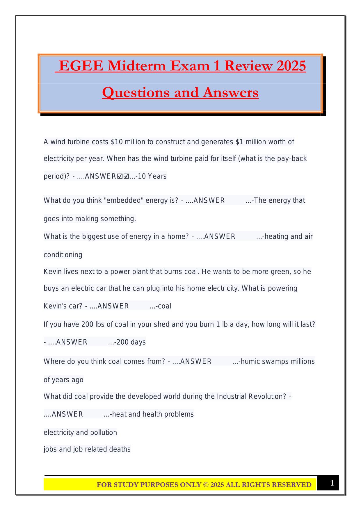 EGEE Midterm Exam 1 Review 2025 Questions and Answers