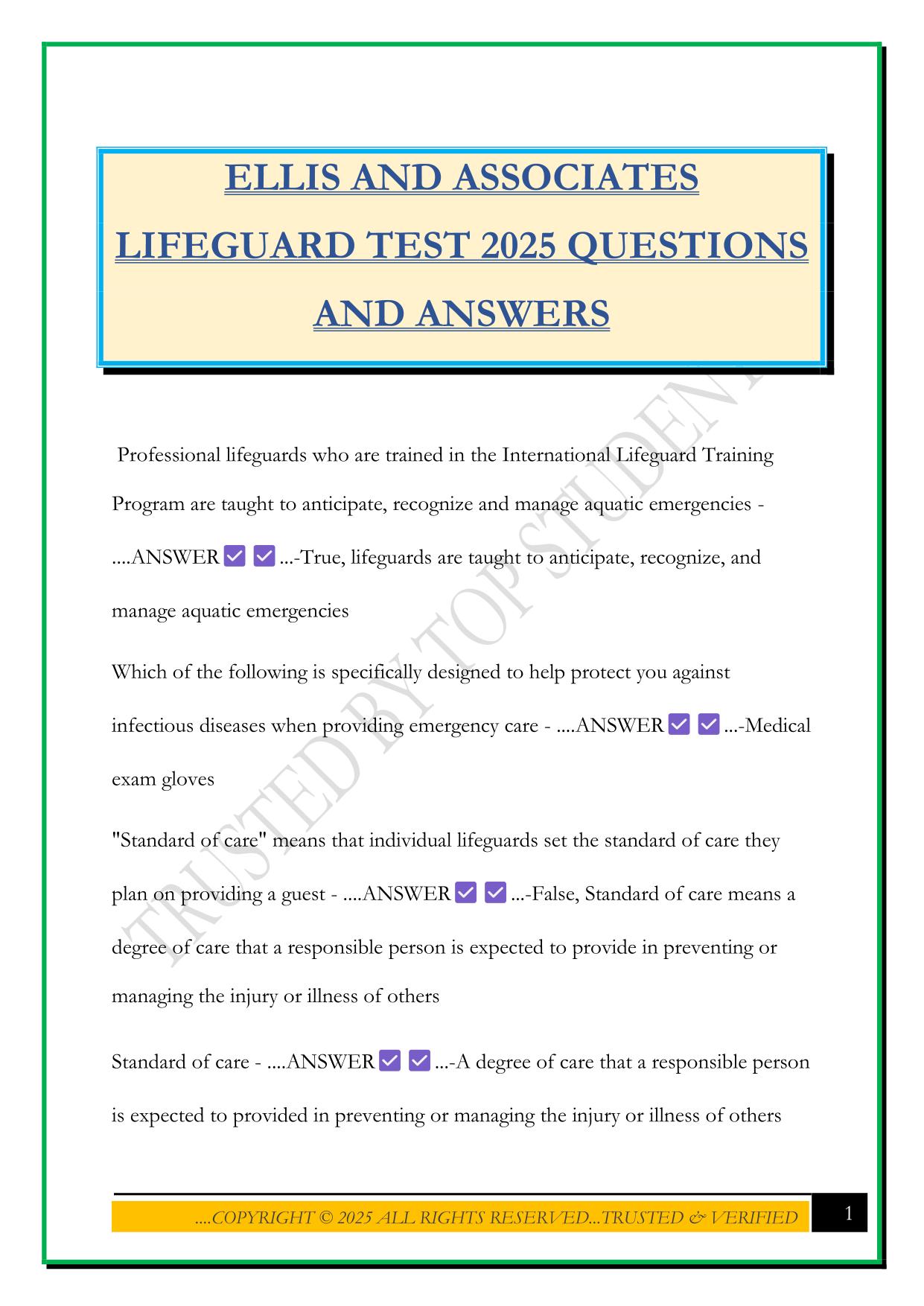 ELLIS AND ASSOCIATES LIFEGUARD TEST 2025 QUESTIONS AND ANSWERS