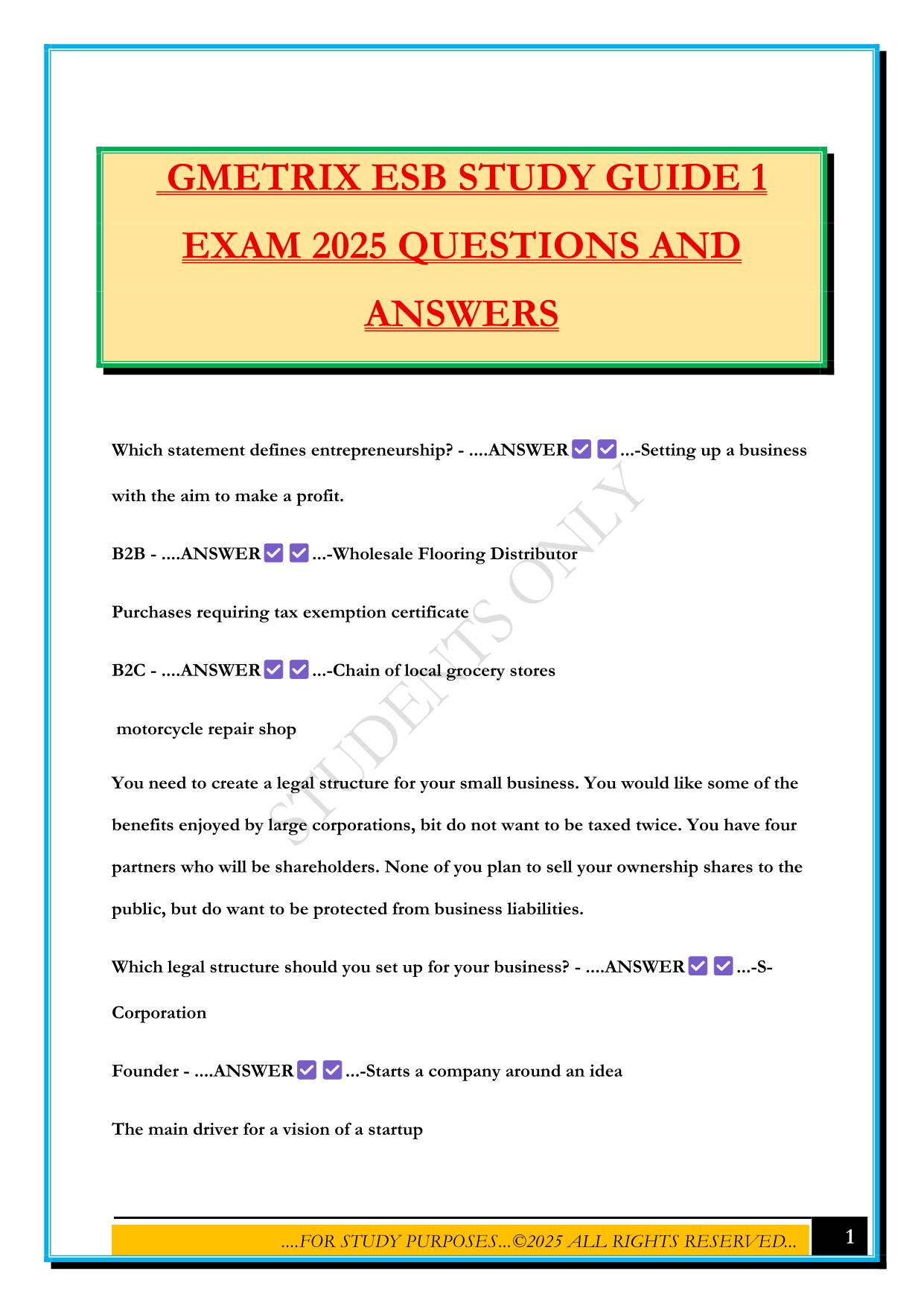 GMETRIX ESB STUDY GUIDE 1 EXAM 2025 QUESTIONS AND ANSWERS