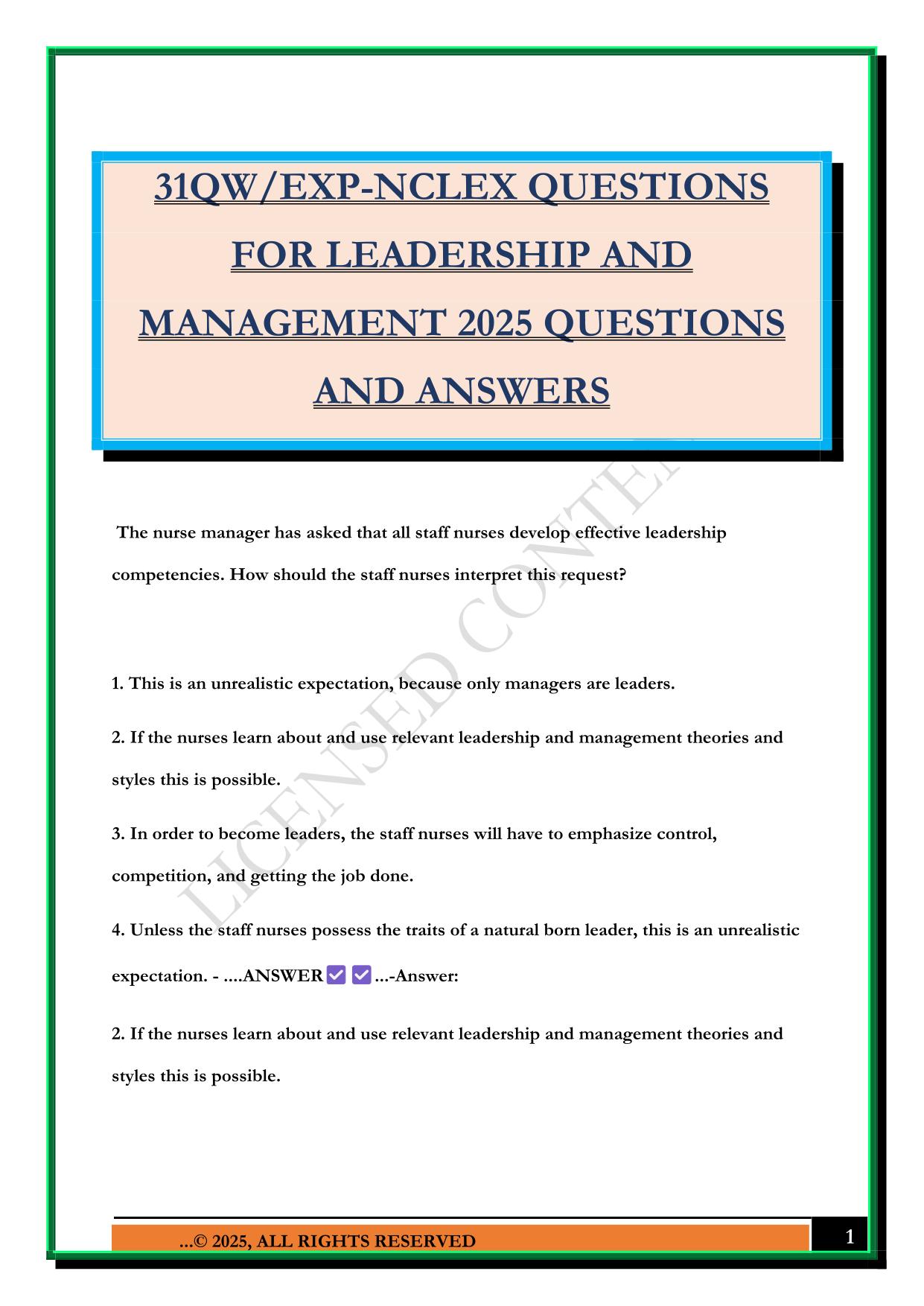 NURSING LEADERSHIP Bundled Exams Questions and Answers 100% Pass